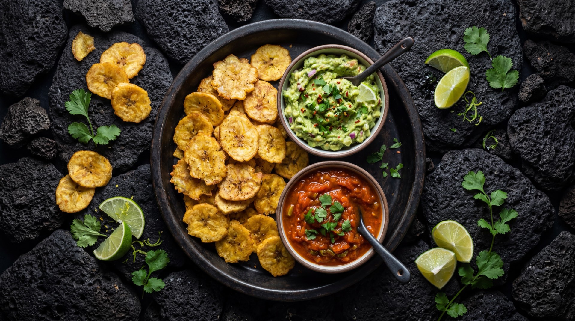 Platanitos Margarita servidos en plato mostrando las rodajas finas de platano verde frito crujiente con cristales de sal marina y toque de azucar, junto a platanos verdes enteros sin pelar