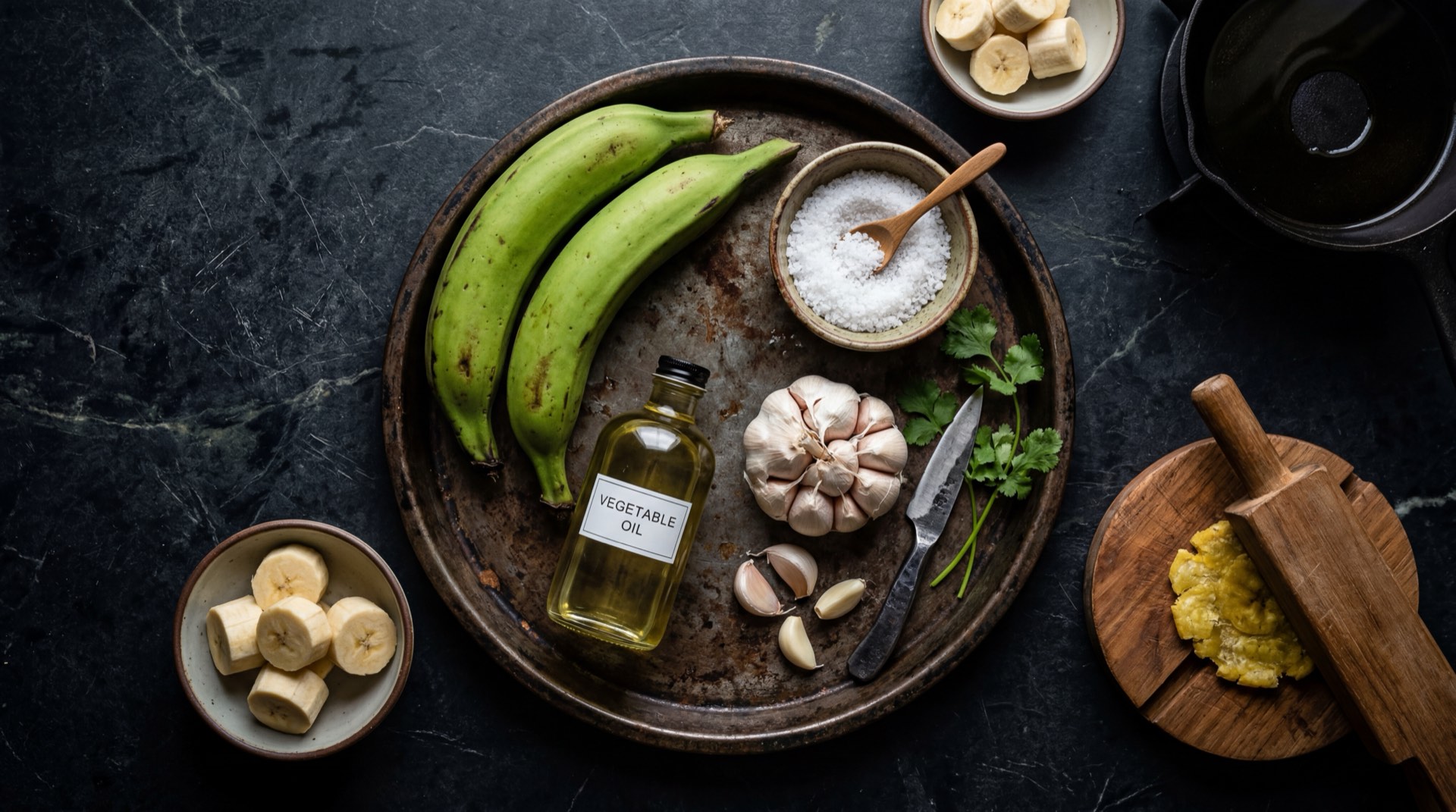 Ingredientes para patacones colombianos: platanos verdes harton enteros firmes, aceite vegetal para freir, sal gruesa de mesa y agua fria con sal