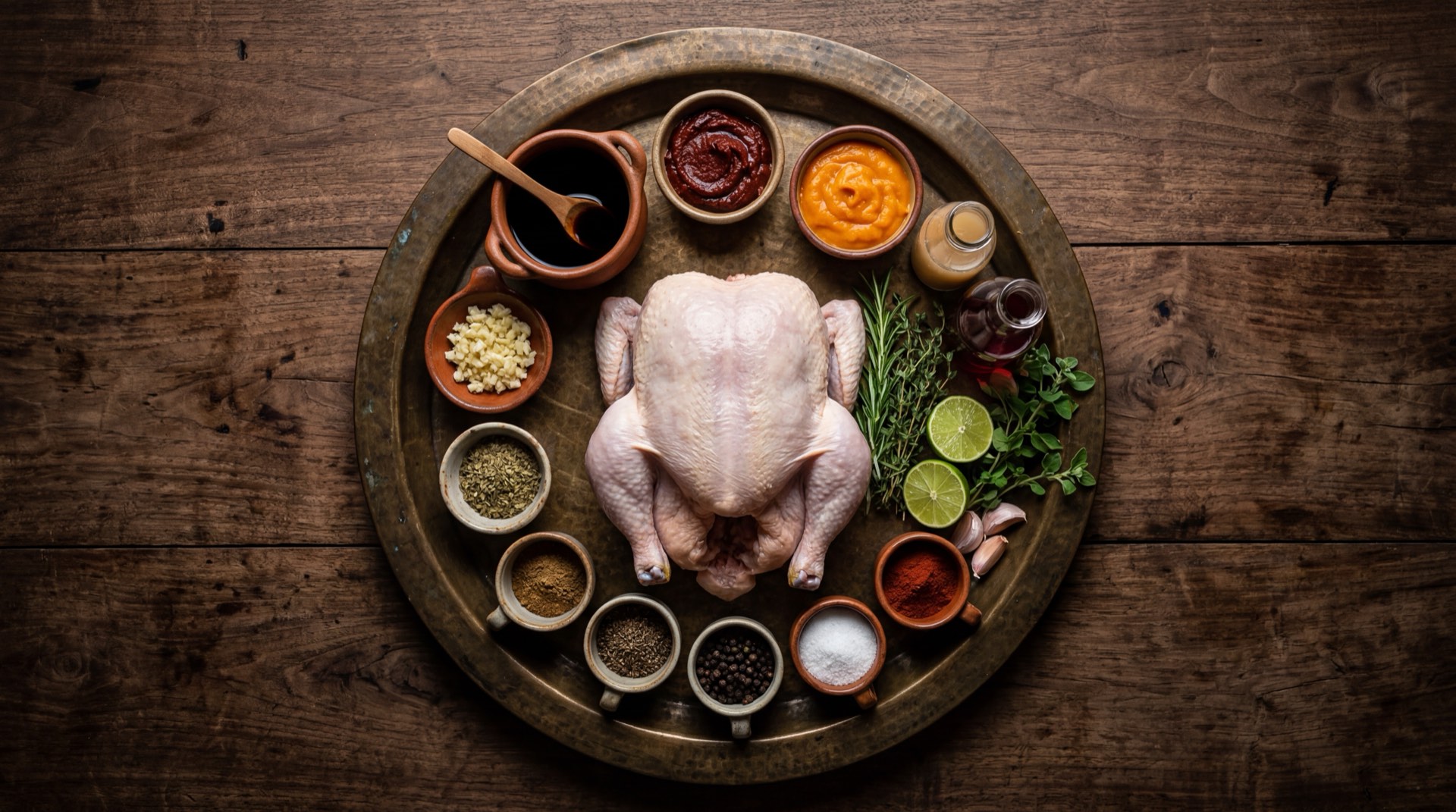 Ingredientes del pollo a la brasa peruano: pollo entero fresco, salsa de soya oscura, aji panca seco molido en pasta, comino molido, cerveza negra, vinagre de vino tinto, dientes de ajo fresco, oregano seco, pimenton rojo dulce ahumado, sal marina gruesa y pimienta negra