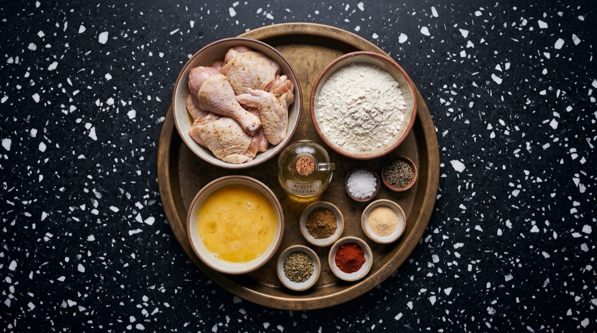 Ingredientes del pollo broaster colombiano: presas de pollo entero fresco, harina de trigo para todo uso, huevos frescos batidos, comino molido, ajo en polvo, pimenton rojo dulce, sal gruesa, pimienta negra molida y aceite vegetal