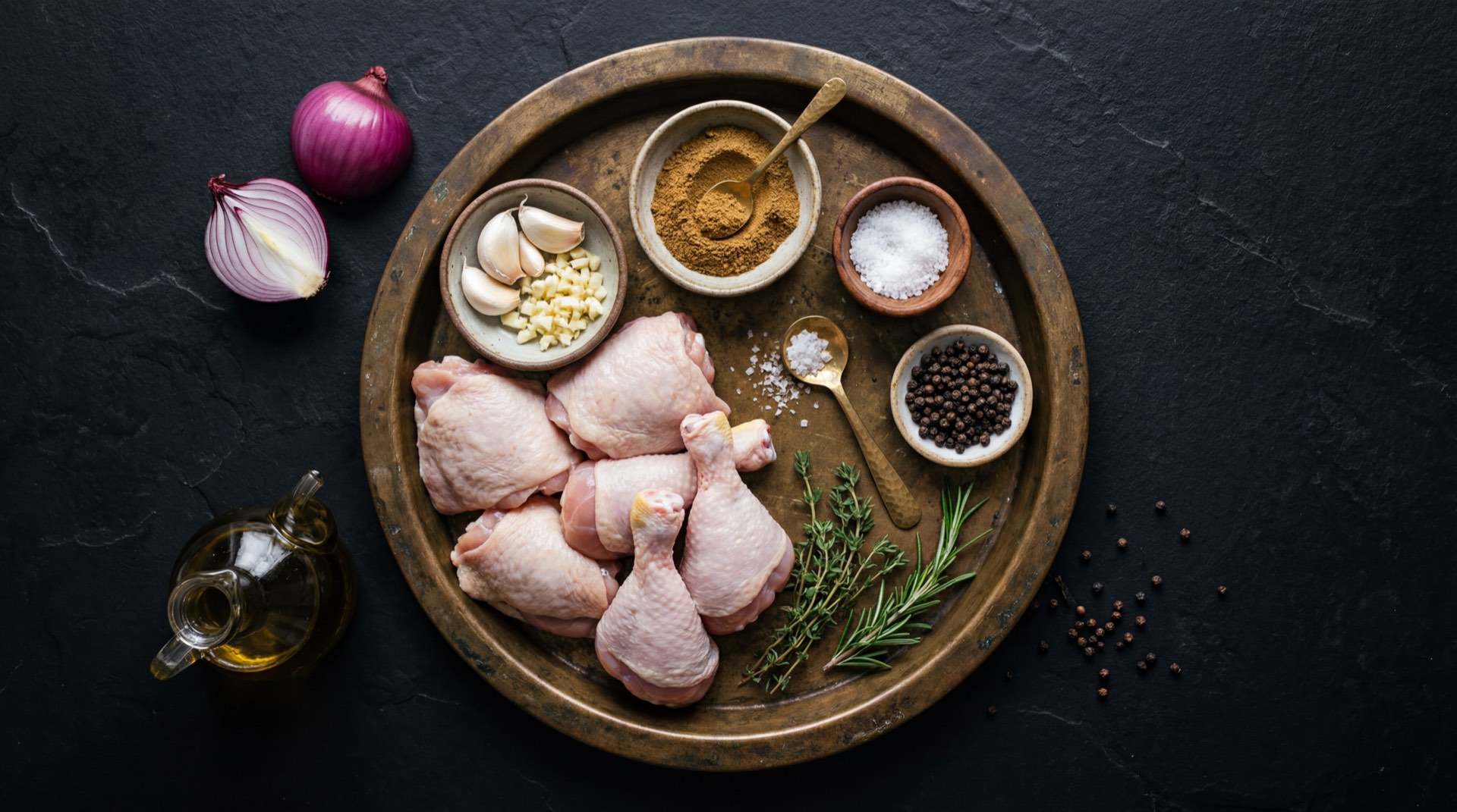 Cortes de pollo crudo fresco: pechuga entera sin piel, muslo con piel, alas enteras, y pollo entero sobre tabla de madera de acacia en mesa de granito oscuro