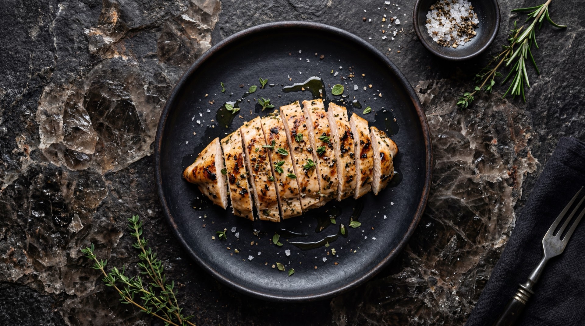 Pechuga de pollo a la plancha sin piel con ensalada verde fresca y rodajas de limon criollo sobre plato de ceramica matte negro