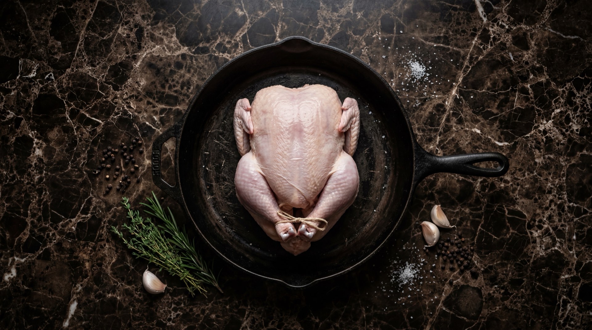 Pechuga de pollo al horno con especias colombianas dorada y jugosa sobre plato de ceramica negra en mesa de marmol oscuro