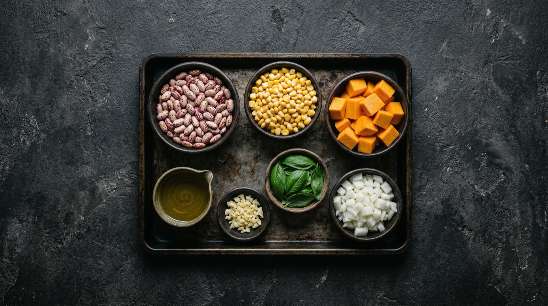 Ingredientes de los porotos granados: porotos frescos, choclo, zapallo, cebolla, ajo y albahaca