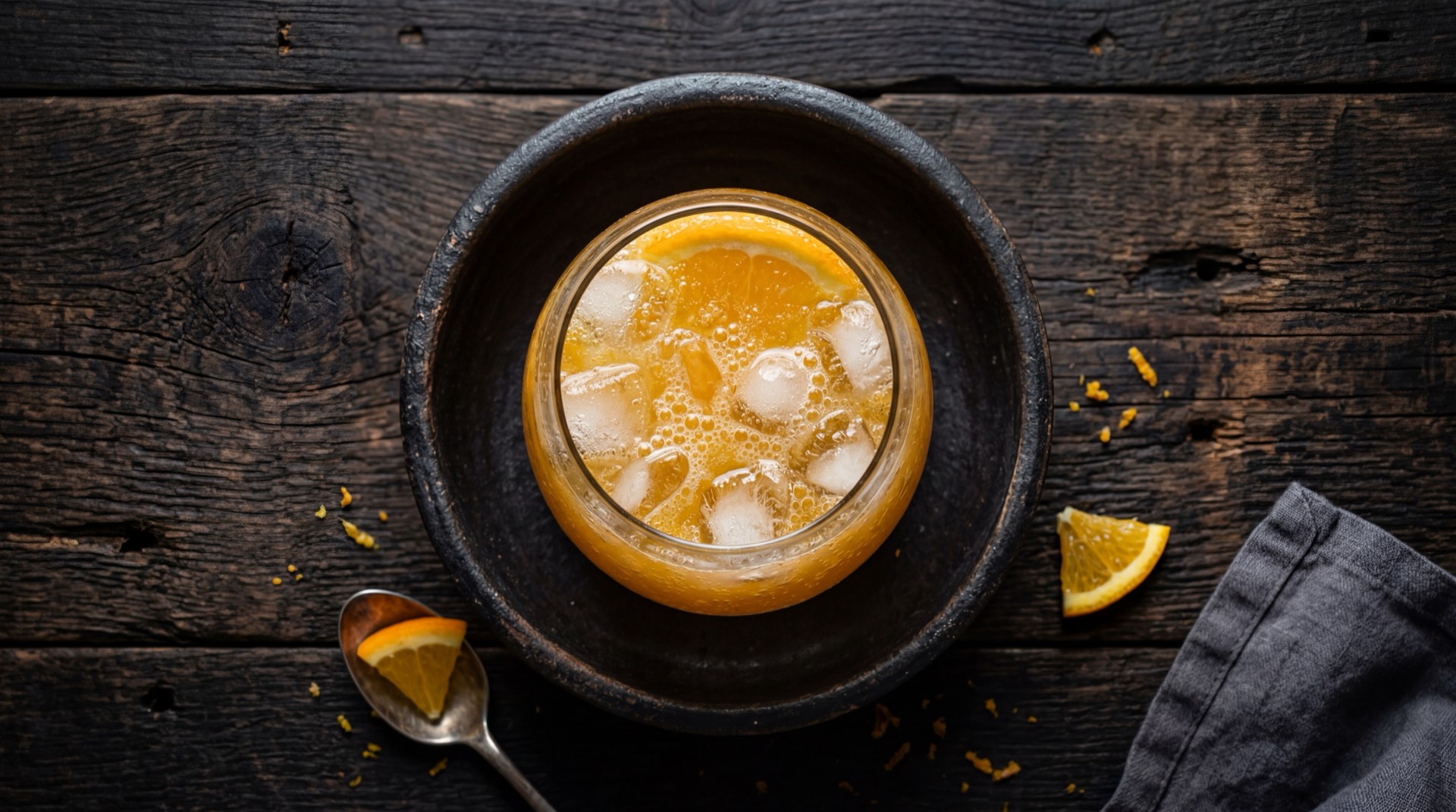 Alternativa saludable a la Postobon Naranja: agua mineral gasificada con rodajas de naranja fresca y hielo en vaso de vidrio