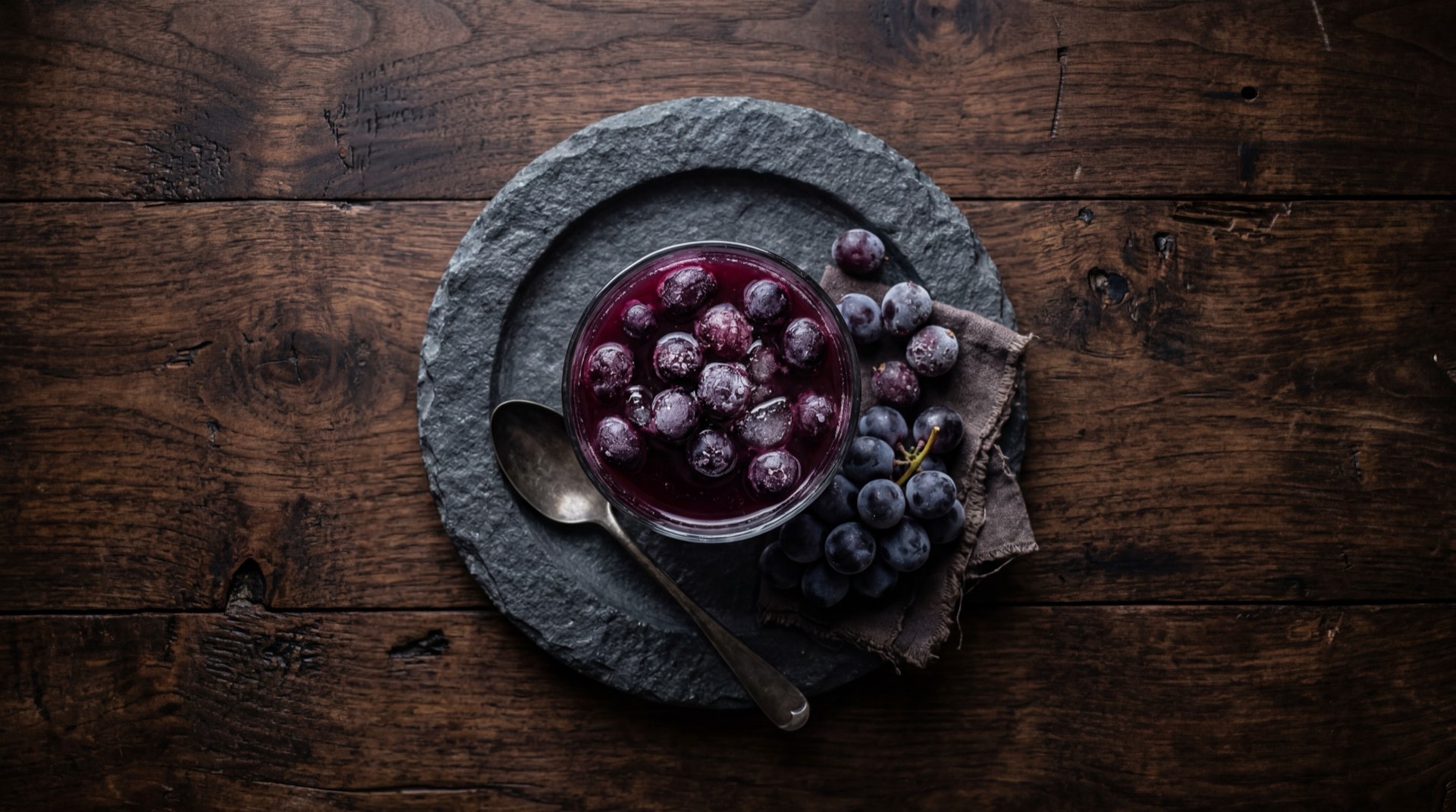 Alternativa saludable a la Postobon Uva: agua mineral gasificada con uvas moradas frescas cortadas y hielo en vaso de vidrio transparente