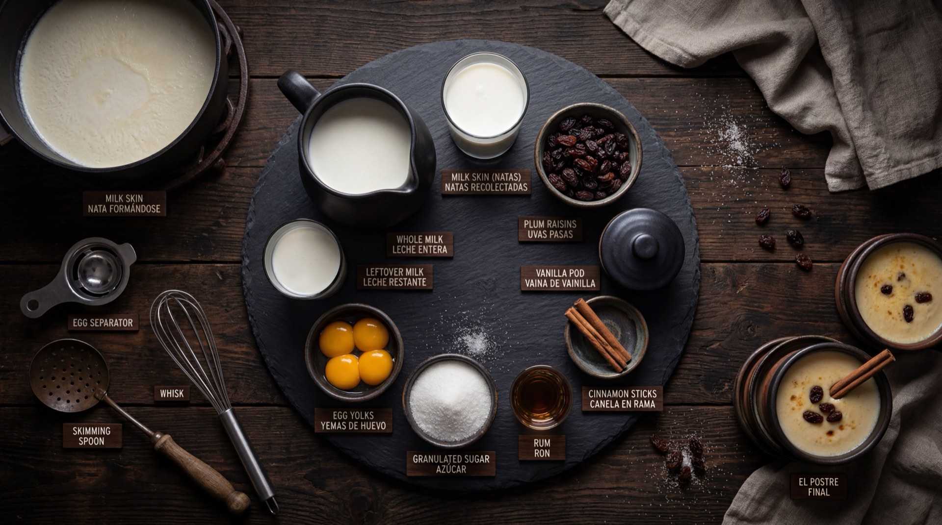 Ingredientes de los postre de natas: platanos maduros de cascara negra, queso costeno en tiras, harina de trigo, huevos, leche entera y aceite vegetal