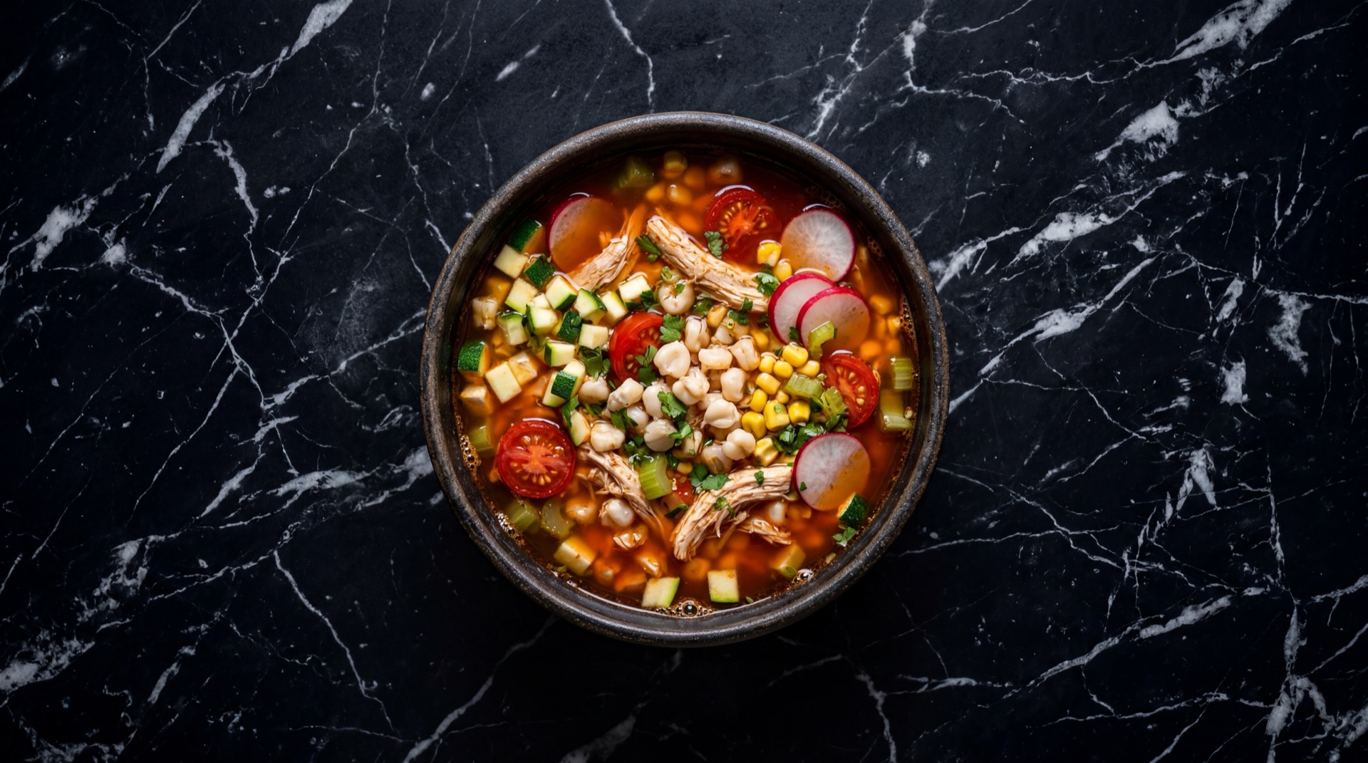 Pozole rojo mexicano version saludable con pechuga de pollo desmenuzada en caldo ligero de chile guajillo seco con maiz pozolero cacahuazintle y lechuga iceberg fresca