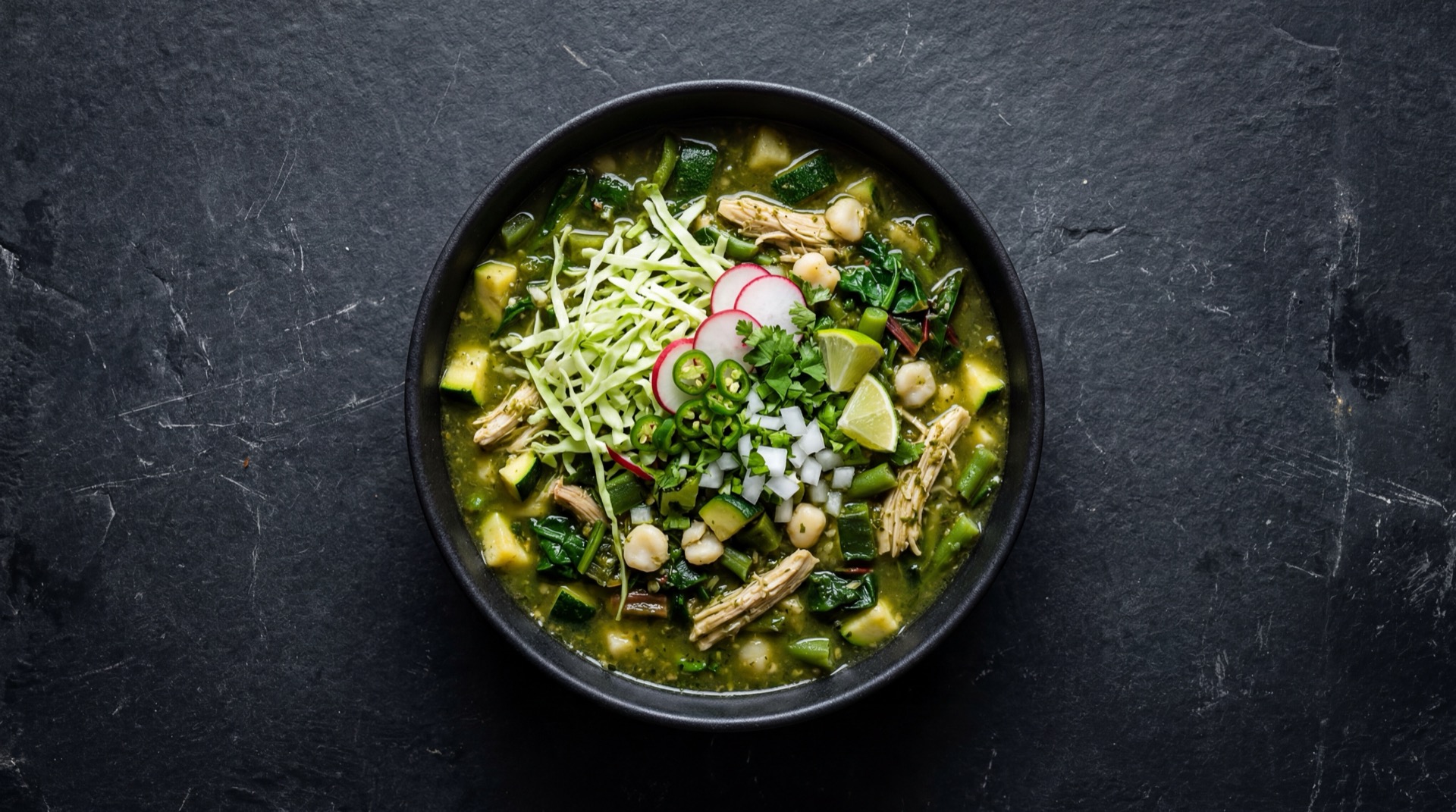 Pozole verde version saludable con pechuga de pollo sin piel, abundante verdura fresca y sin tostadas fritas