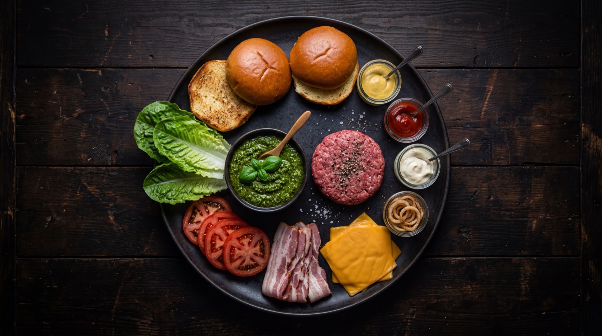 Ingredientes de la hamburguesa de Presto: carne de res para hamburguesa, pan con ajonjoli, lechuga crespa fresca, tomate rojo maduro, cebolla cabezona, salsa rosada, mostaza amarilla y ketchup