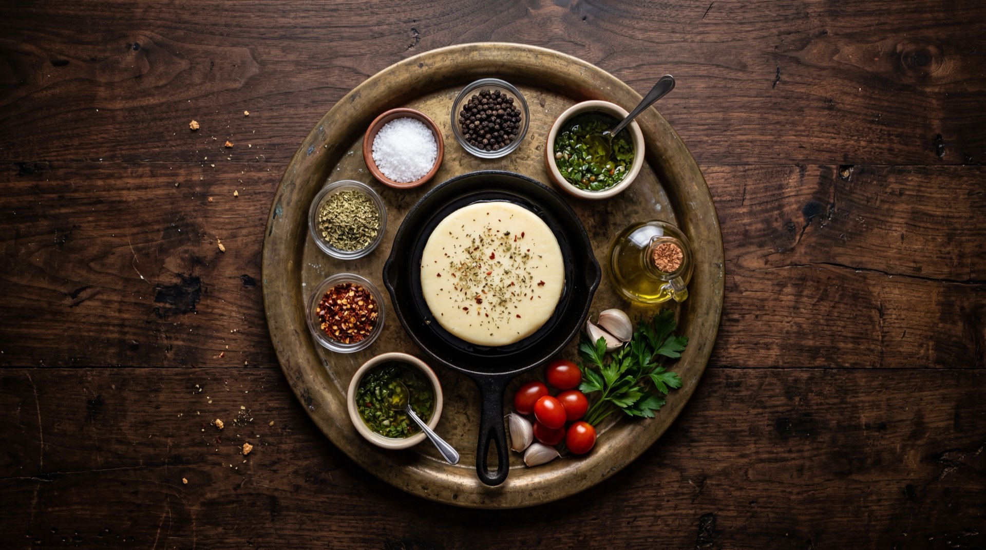 Ingredientes de la provoleta argentina: queso provolone semiduro en rodaja gruesa, oregano seco argentino, aji molido picante, aceite de oliva extra virgen y provoletera de hierro fundido