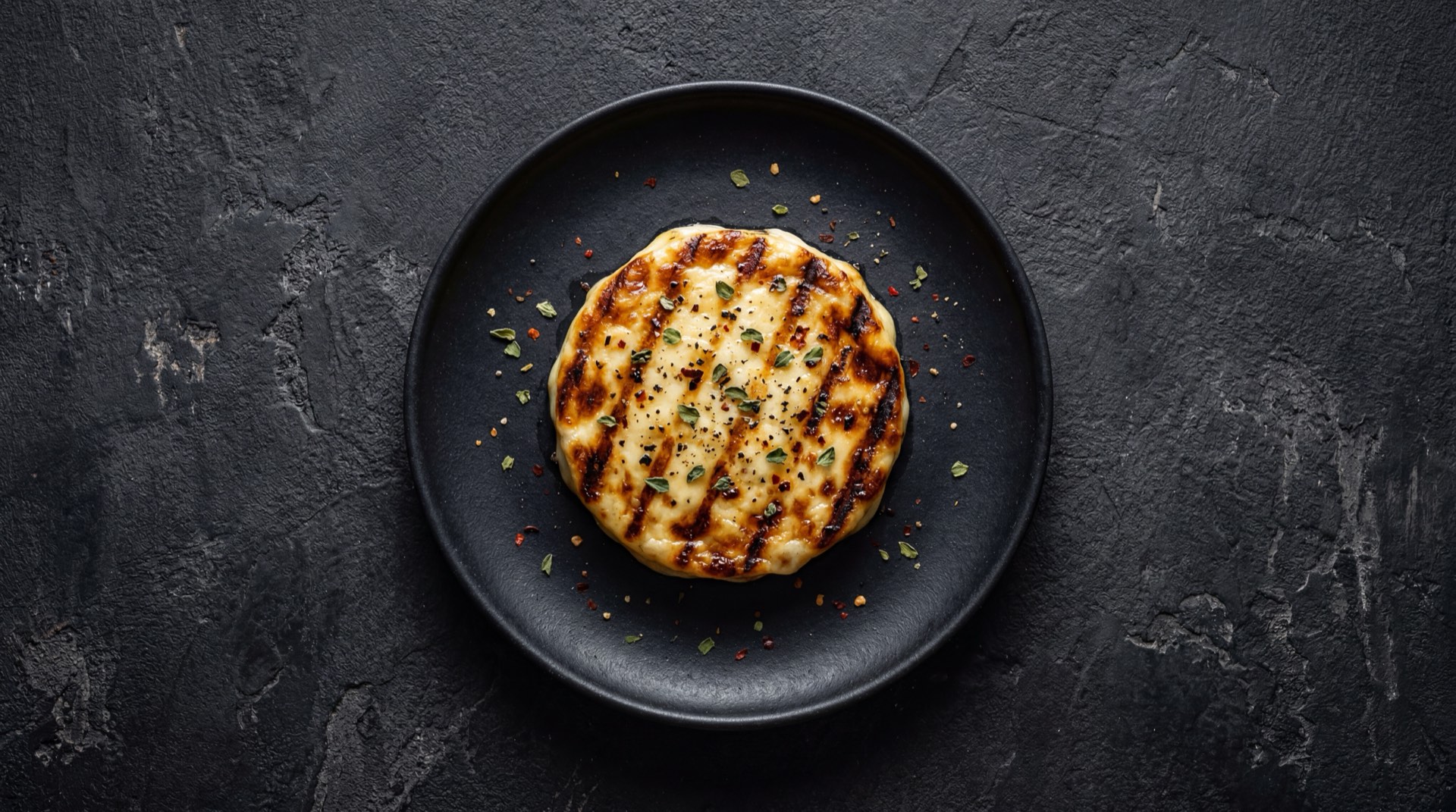 Provoleta argentina en porcion reducida con tomates cherry frescos y hojas de albahaca fresca sobre provoletera de hierro