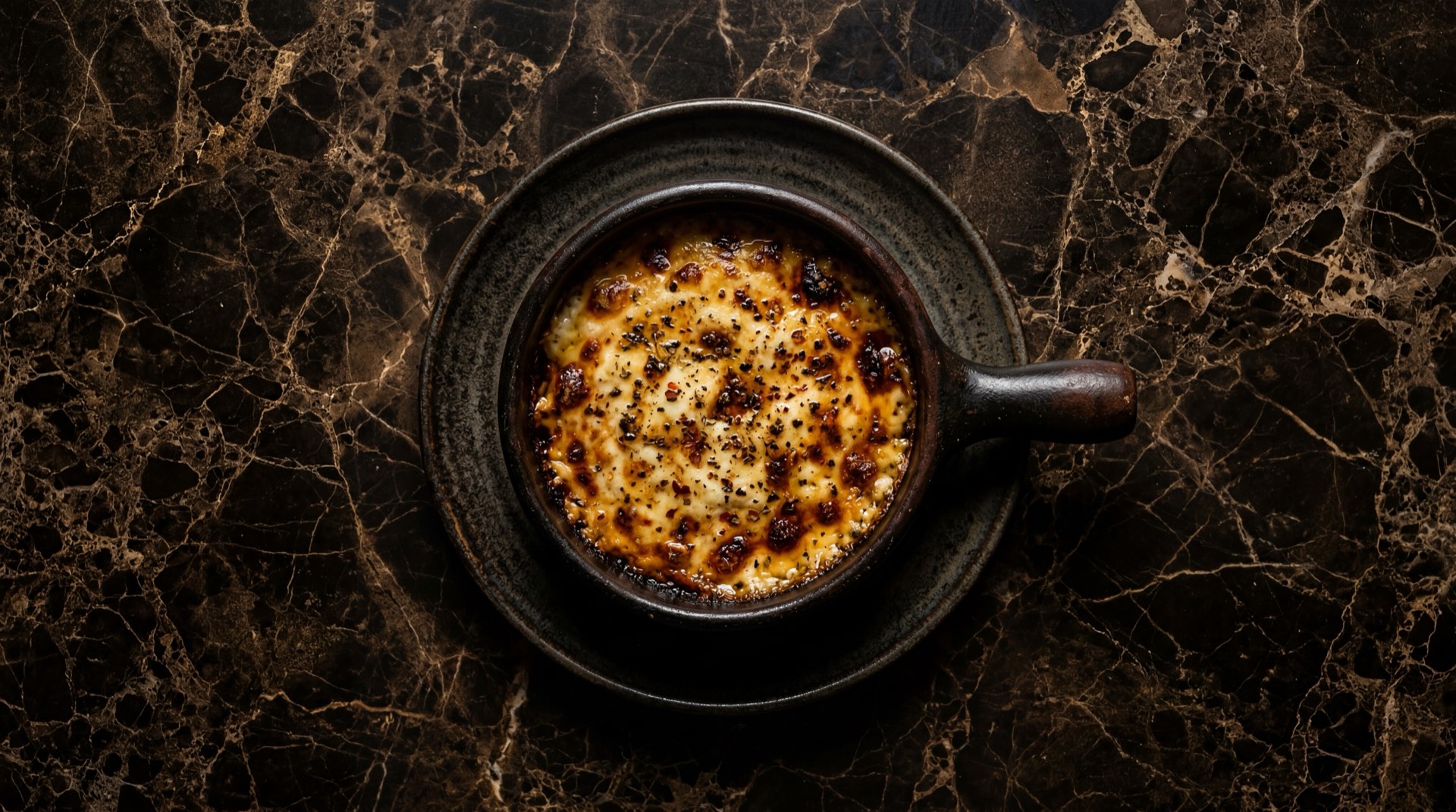 Provoleta argentina derretida y burbujeante con oregano seco y aji molido picante sobre provoletera de hierro fundido en la parrilla