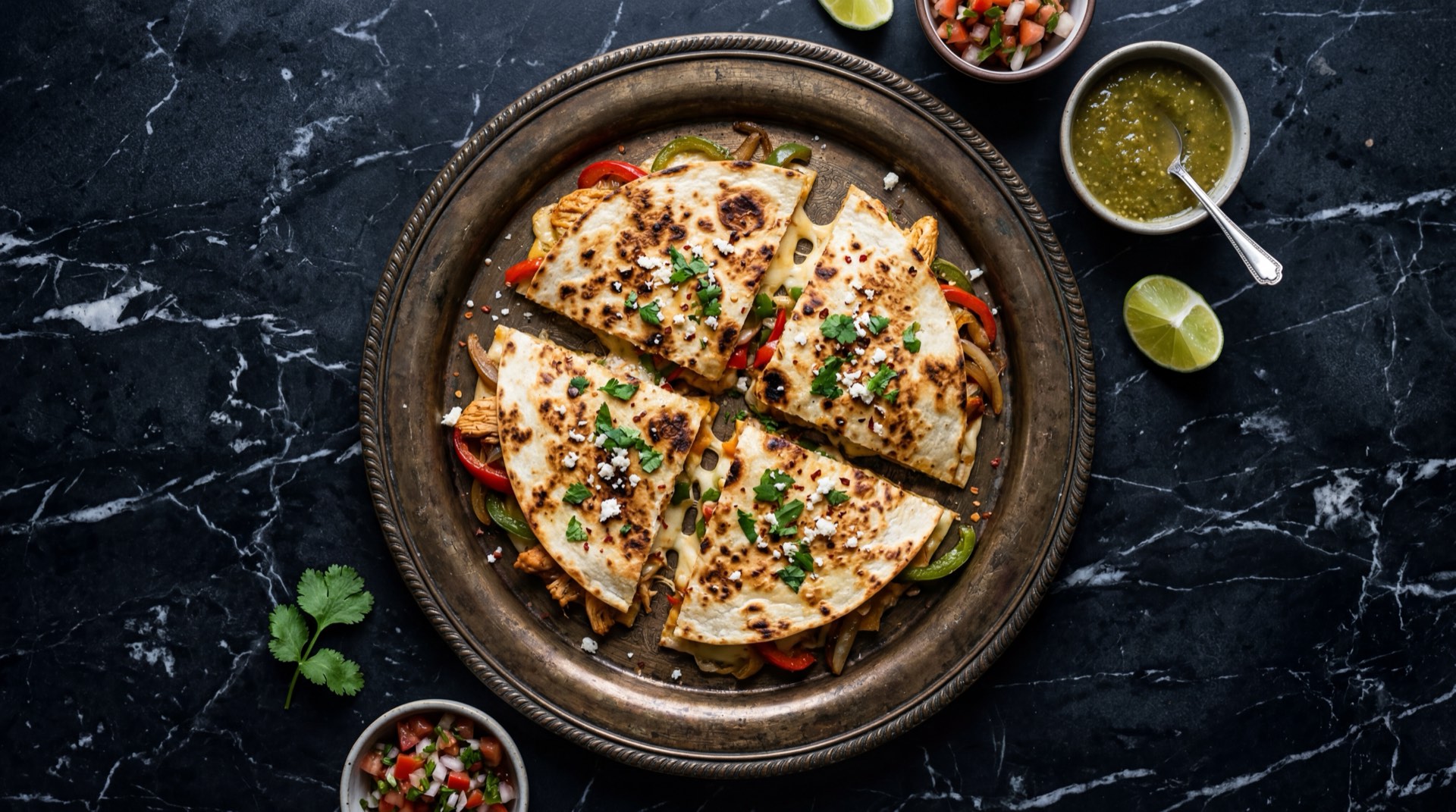 Ingredientes de la quesadilla mexicana: tortillas de maiz grandes, queso Oaxaca deshebrado, flor de calabaza fresca, cebolla blanca picada, chile serrano fresco, salsa verde y crema agria mexicana