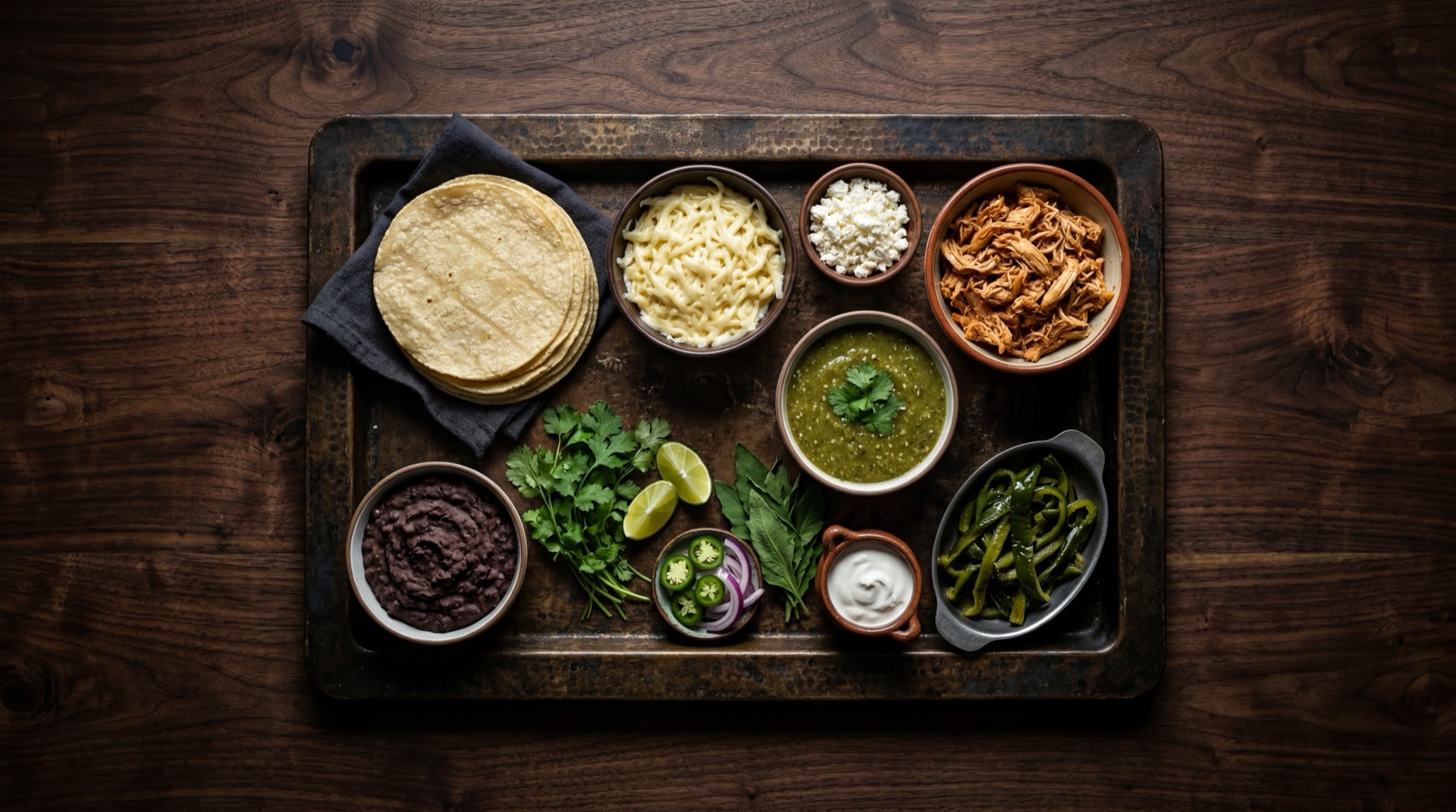 Ingredientes de las quesadillas mexicanas: tortillas de maiz frescas hechas a mano, queso Oaxaca deshebrado, flor de calabaza fresca, huitlacoche negro, chicharron prensado, epazote fresco, chile serrano verde y cebolla blanca fresca