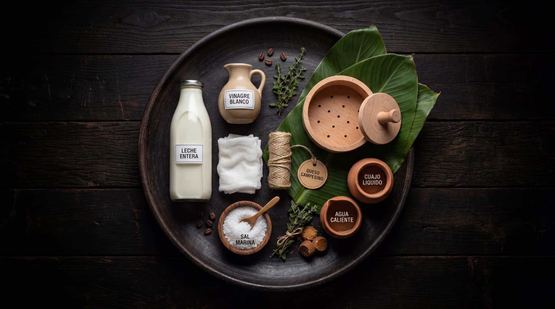 Ingredientes del queso campesino colombiano: leche de vaca entera fresca, cuajo natural liquido, sal fina y un molde redondo de madera para queso