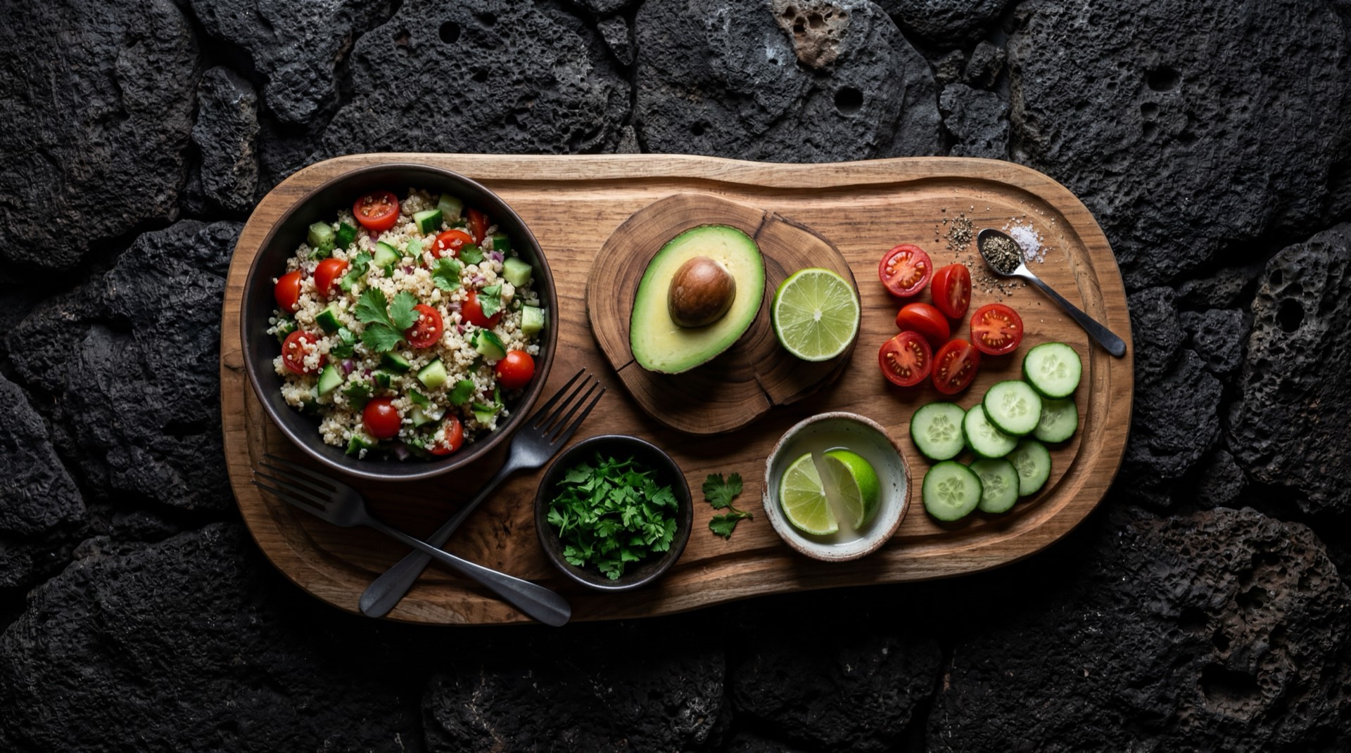 Quinoa blanca, roja y negra seca, aguacate Hass, tomate rojo maduro, cebolla morada y cilantro fresco