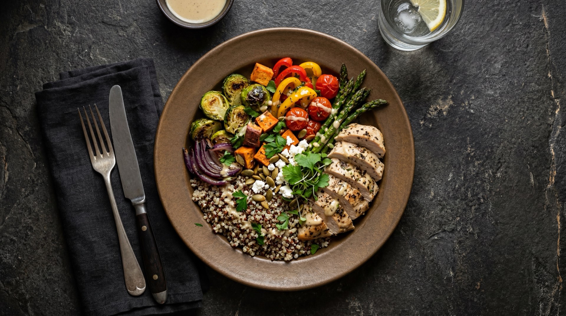 Bowl de quinoa con vegetales frescos, aguacate y limon, almuerzo proteico y saludable
