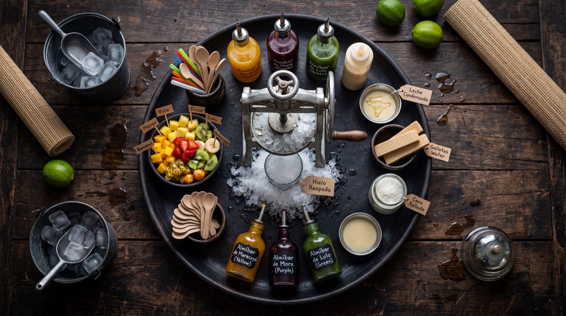 Ingredientes del raspao colombiano: bloque de hielo grande, botellas de sirope de mora, lulo, maracuya, fresa y tamarindo, leche condensada