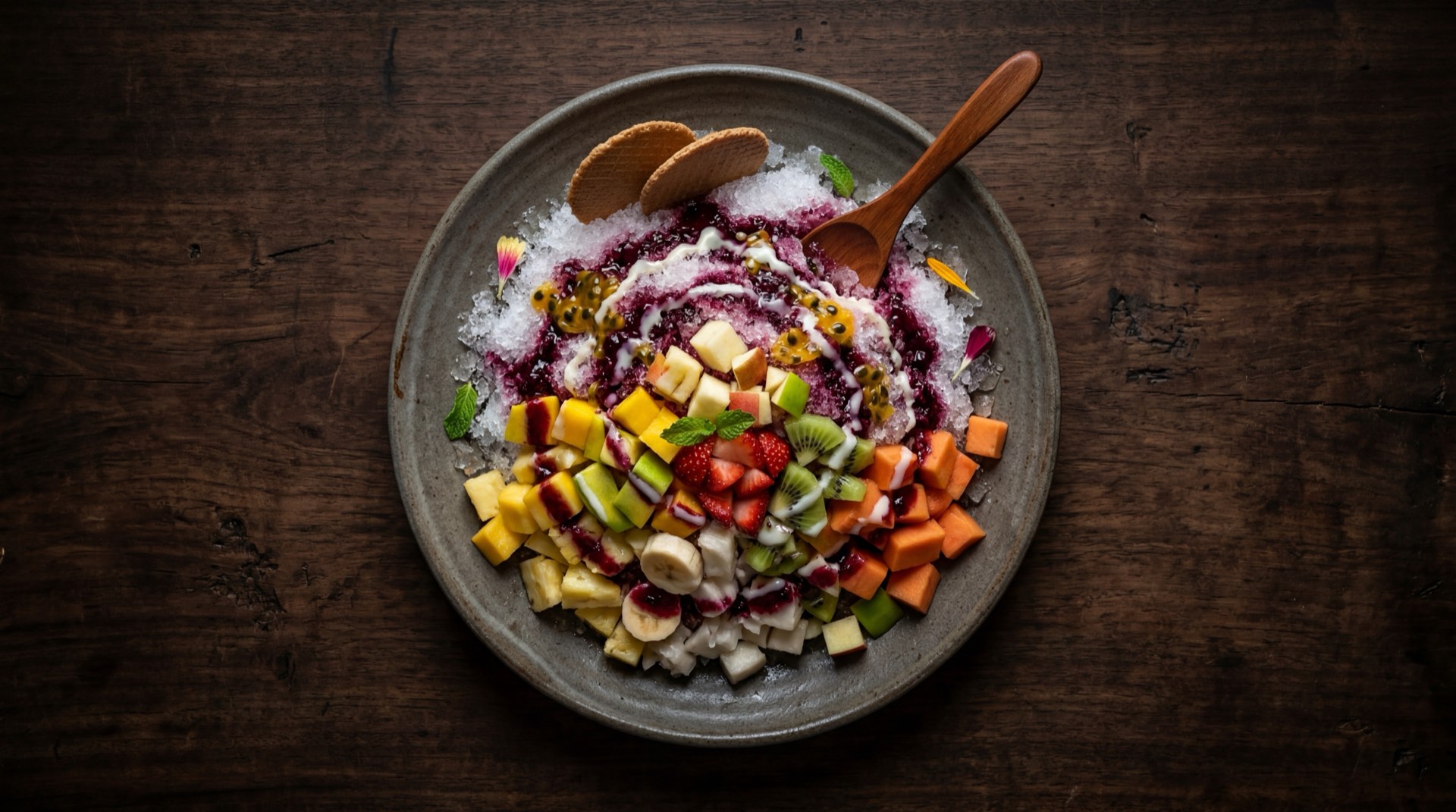 Raspao colombiano saludable con sirope natural de frutas sin azucar anadida y gotas de limon fresco