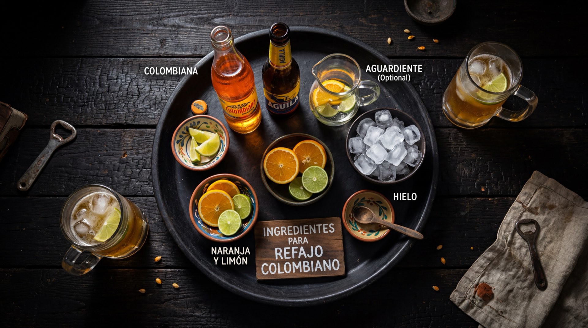 Ingredientes del refajo colombiano: lata de cerveza Poker amarilla, botella de gaseosa Colombiana dorada, cubos de hielo grande y rodaja de limon verde fresco sobre plancha de hierro oscuro