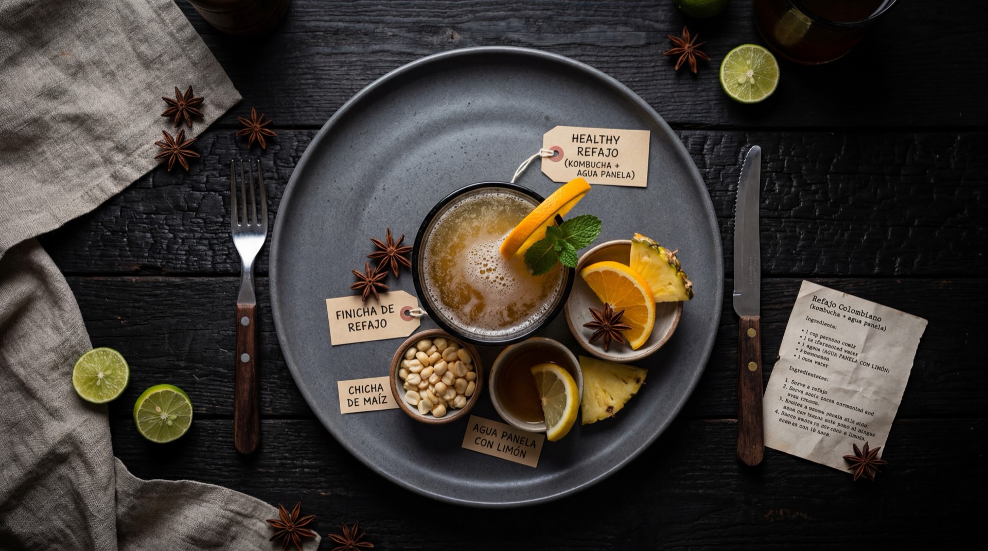 Version ligera del refajo: cerveza Andina con agua mineral con gas y limon verde fresco en vaso alto sobre plato de vidrio ahumado oscuro