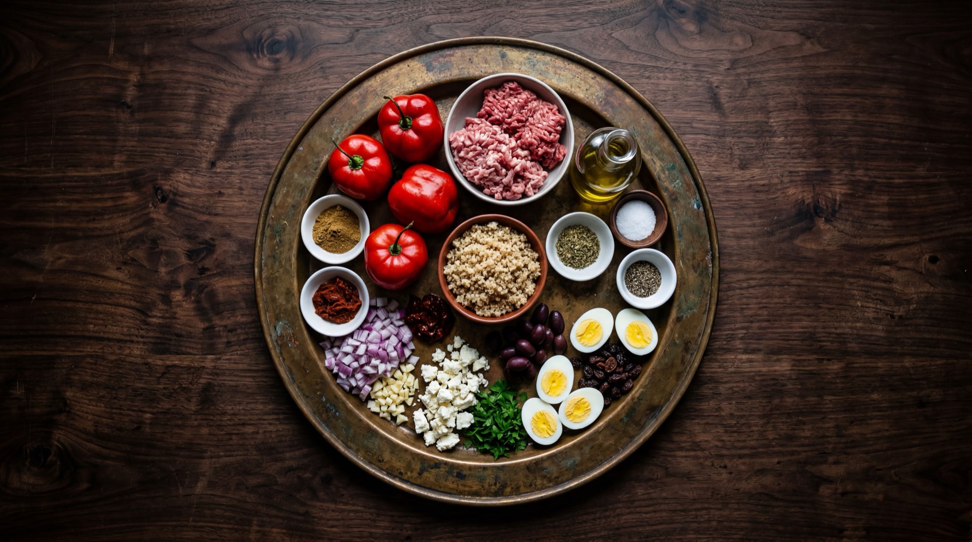 Ingredientes del rocoto relleno arequipeno: rocotos rojos grandes frescos, carne molida de res, cebolla roja mediana, aji panca molido en pasta, aceitunas negras de botija, mani tostado pelado, huevos duros, queso fresco serrano, papas blancas peladas y leche evaporada