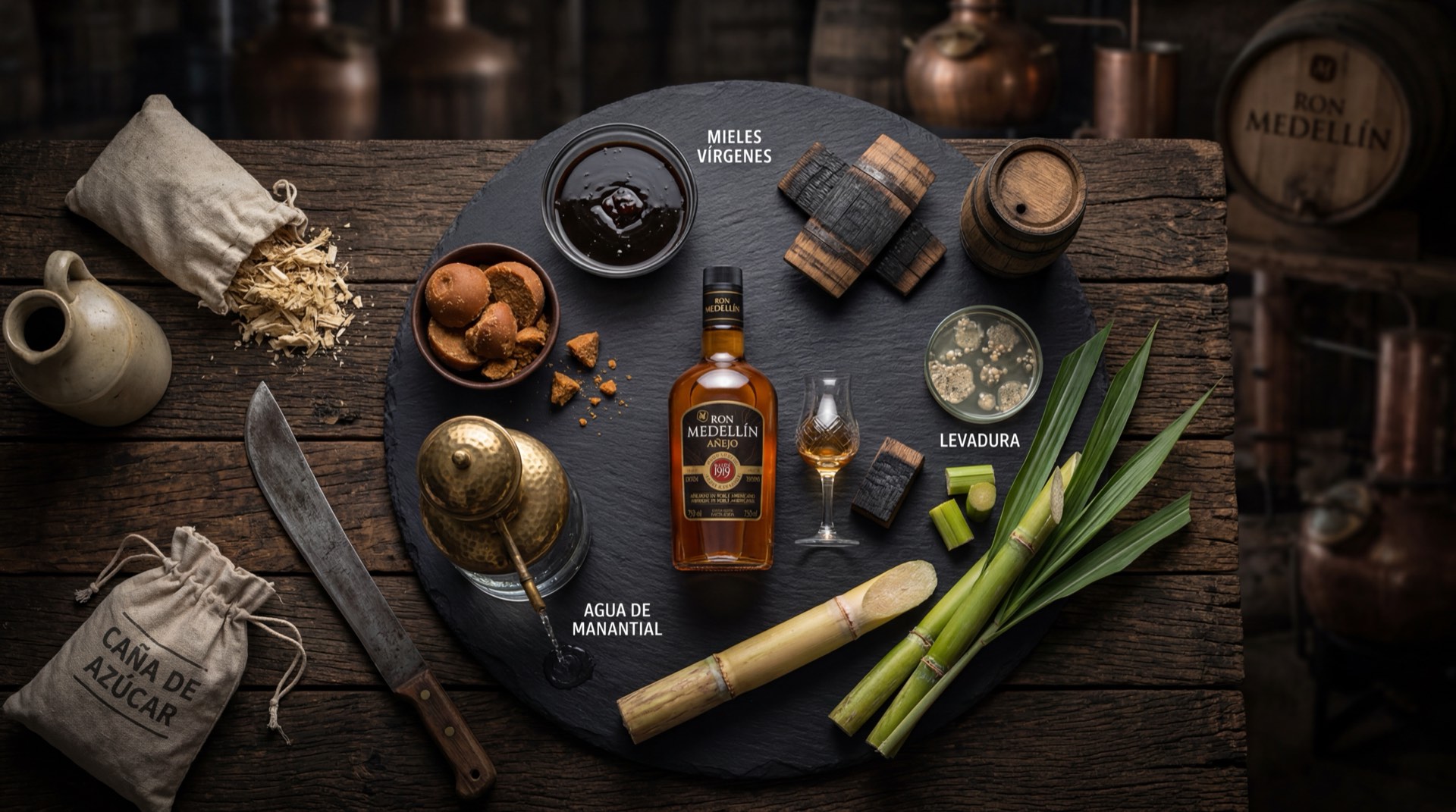 Botellas de Ron Medellin 3 anos, 8 anos y 12 anos junto a limon verde fresco cortado y cubos de hielo sobre bandeja de bronce envejecido