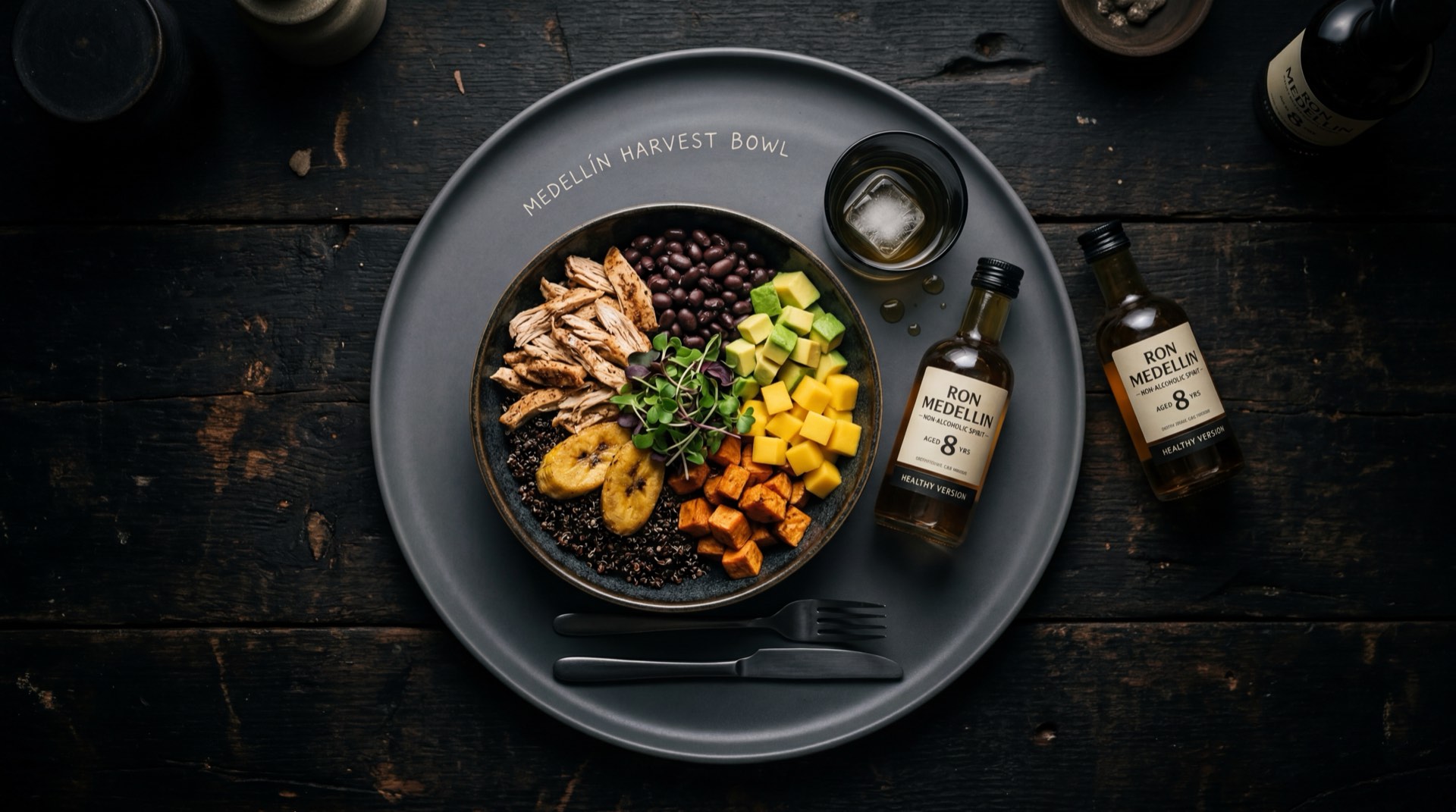 Ron Medellin 8 anos servido puro en vaso corto de vidrio grueso con un solo cubo de hielo grande sobre piedra de pizarra negra