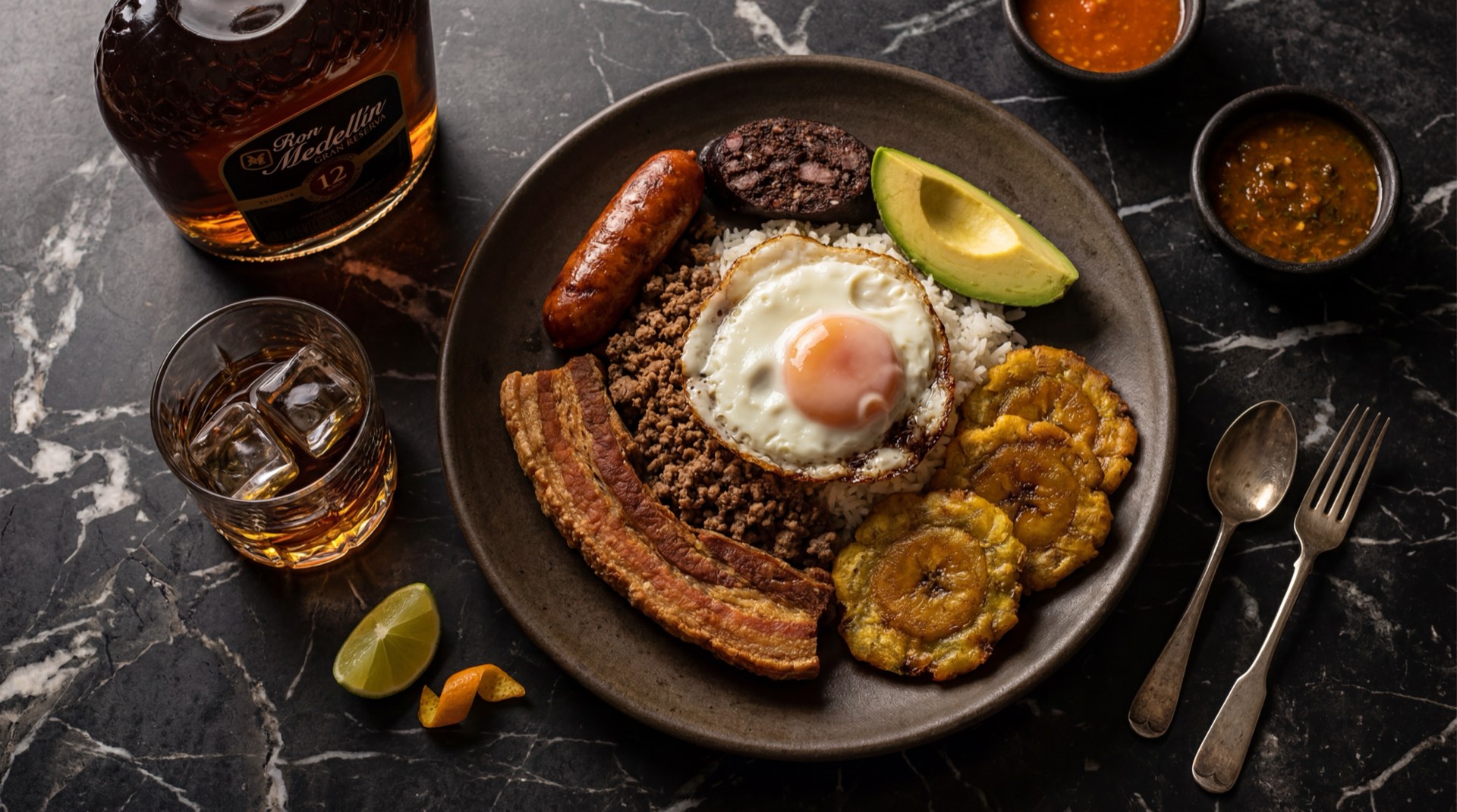 Botella de Ron Medellin 8 anos con shot servido en vaso corto de vidrio grueso sobre mesa de marmol emperador oscuro