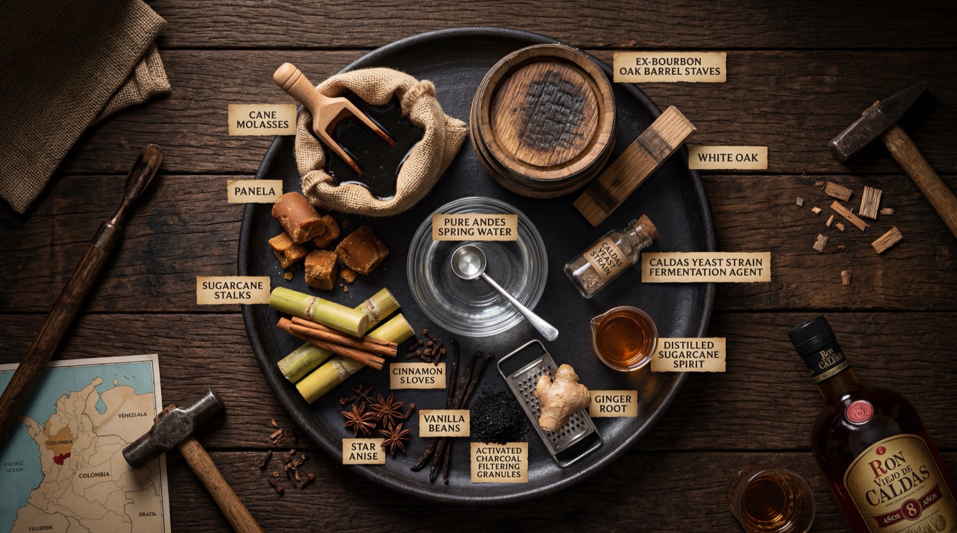 Ingredientes del Cuba Libre con Ron Viejo de Caldas: botella de ron anejado colombiano, Coca Cola bien fria, limon verde fresco, hielo cristalino en cubos y vaso highball