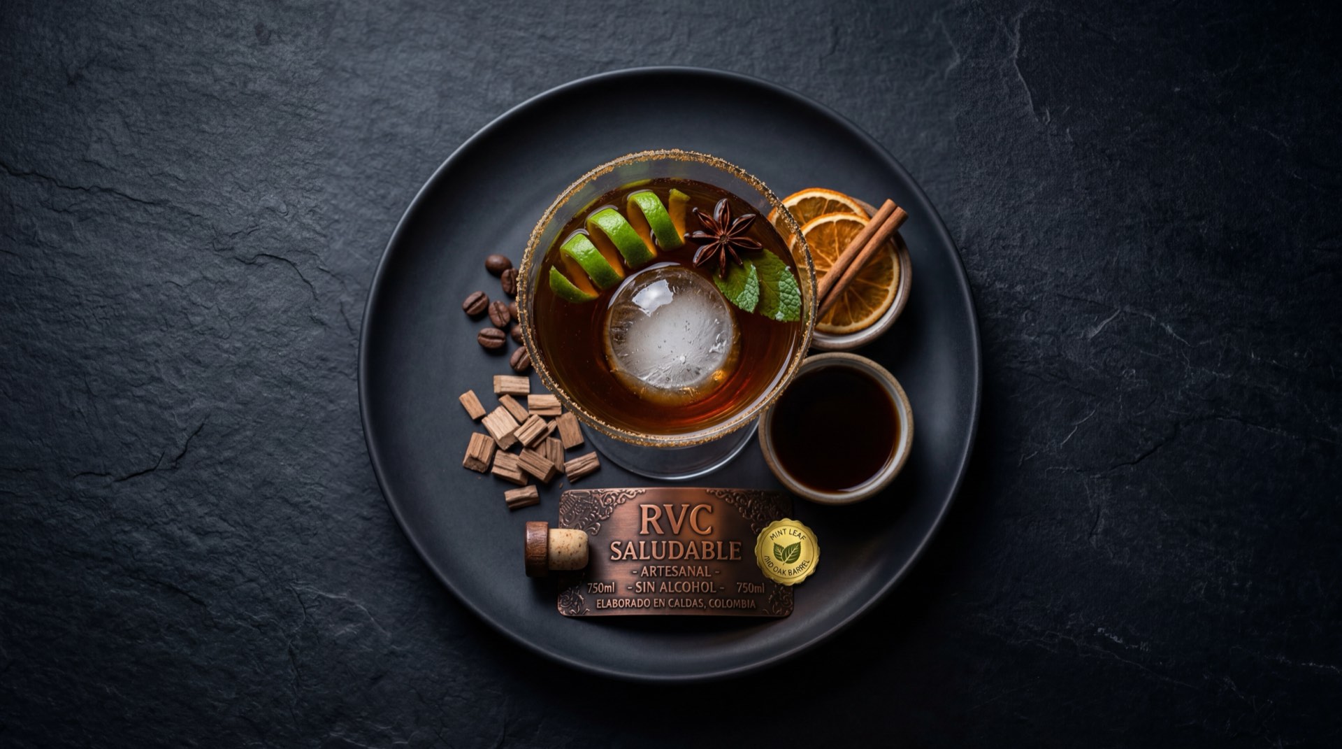 Ron Viejo de Caldas version baja en calorias servido con agua mineral con gas hielo cristalino y limon verde fresco sin azucar