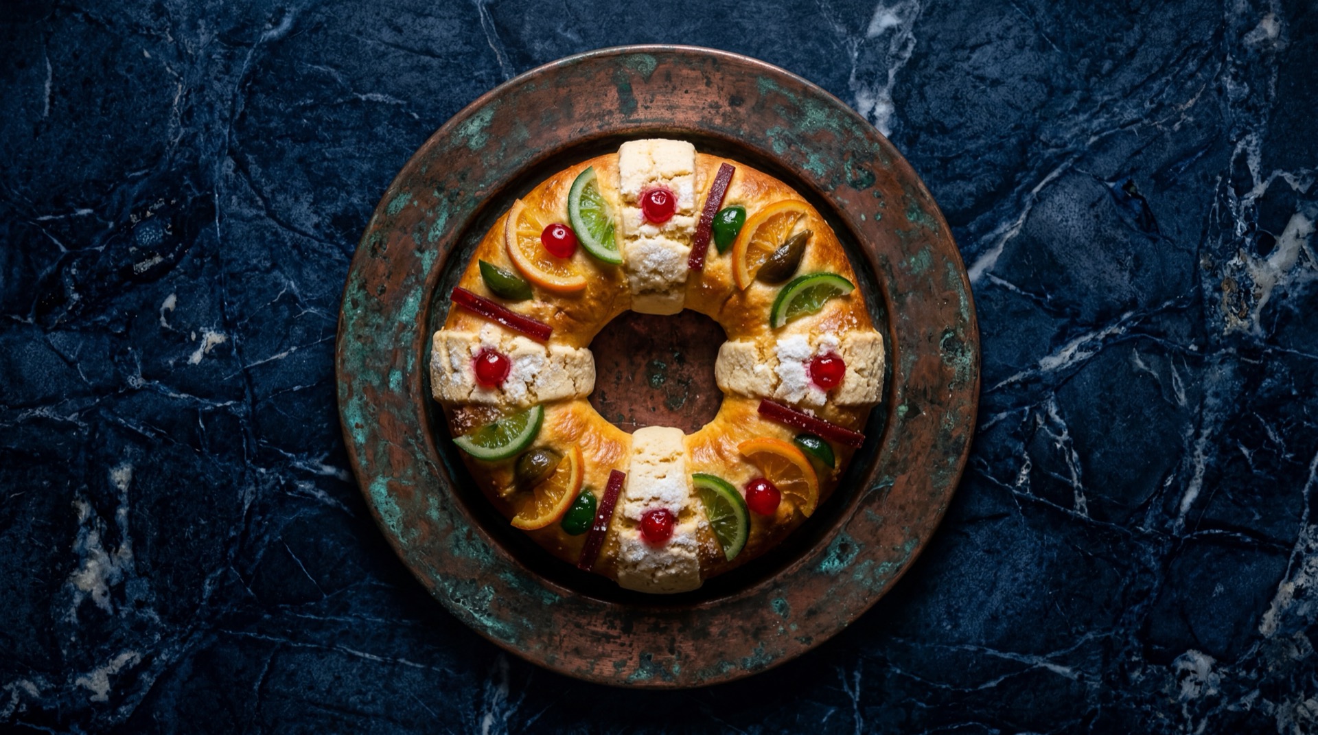 Rosca de reyes mexicana decorada con ate de membrillo y guayaba, higos cristalizados y azucar de colores sobre plato de bronce envejecido sobre mesa de onix negro