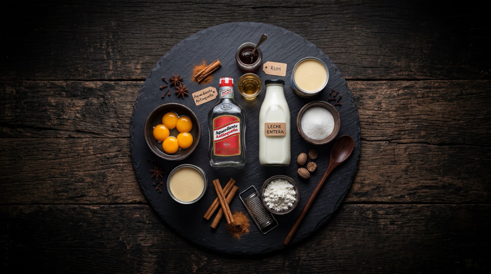 Ingredientes del sabajon colombiano: yemas de huevo fresco grande, leche condensada, leche entera, azucar blanca, aguardiente colombiano, ramas de canela entera, esencia de vainilla pura y nuez moscada rallada