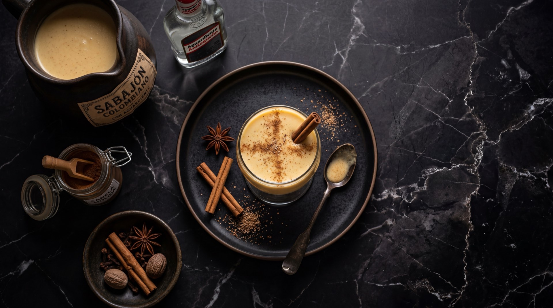 Sabajon colombiano cremoso en copa de vidrio con canela en rama y nuez moscada rallada