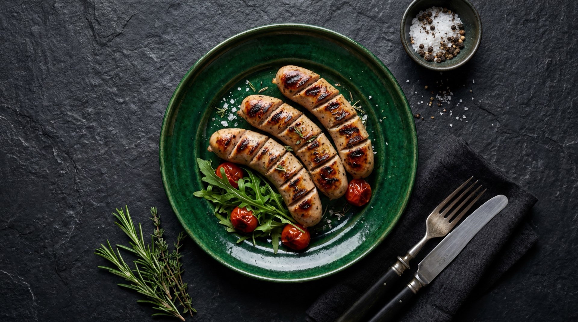 Version saludable de choripan con salchicha de pollo asada envuelta en lechuga verde fresca en lugar de pan, acompanada de ensalada mixta con tomate rojo y aguacate hass