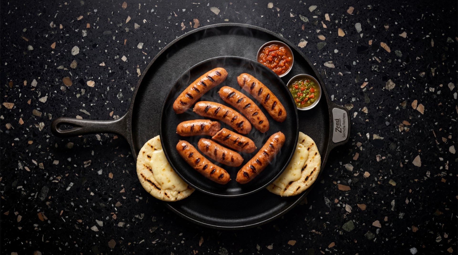 Salchicha Ranchera Zenu asada a la parrilla con marcas de grill doradas sobre sarten de hierro fundido y mesa de granito oscuro