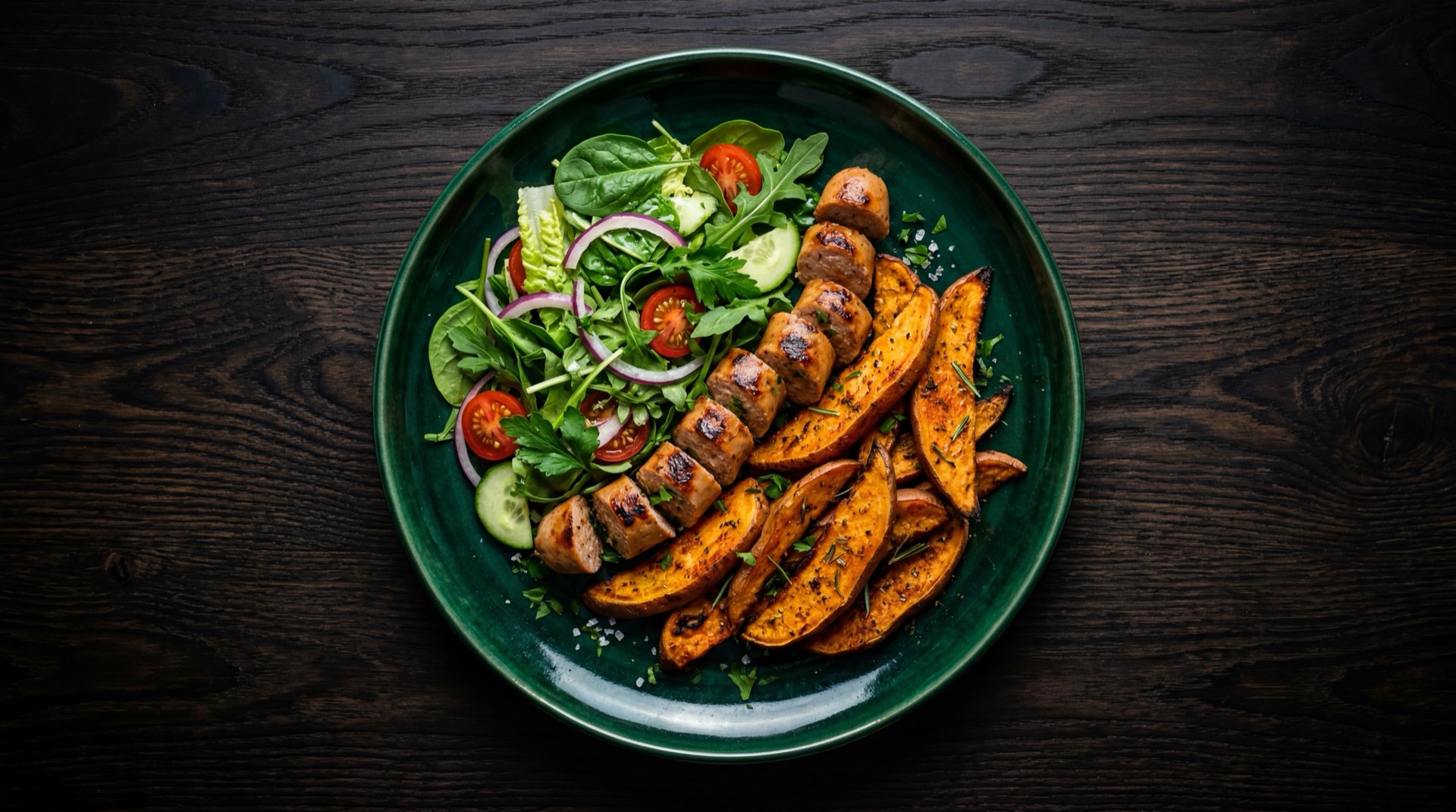 Salchicha Zenu asada sin aceite con ensalada de lechuga fresca, tomate rojo y aguacate como acompanamiento saludable