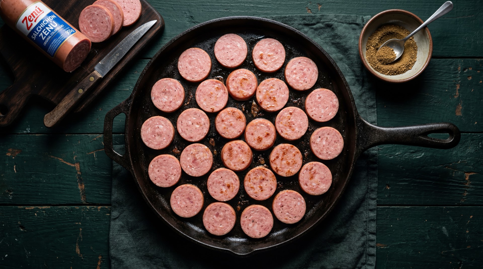 Salchichon Zenu tajado en rodajas gruesas sobre tabla de madera oscura, embutido tipo cerveza colombiano de gran diametro