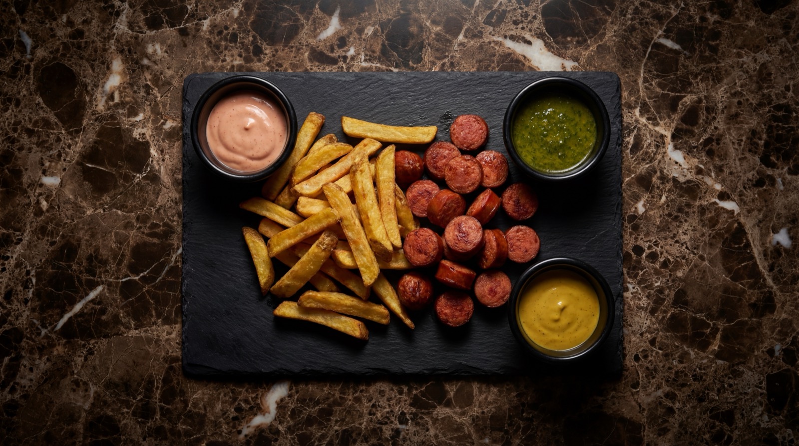 Ingredientes de las salchipapas: papas fritas, salchichas, salsas, queso rallado