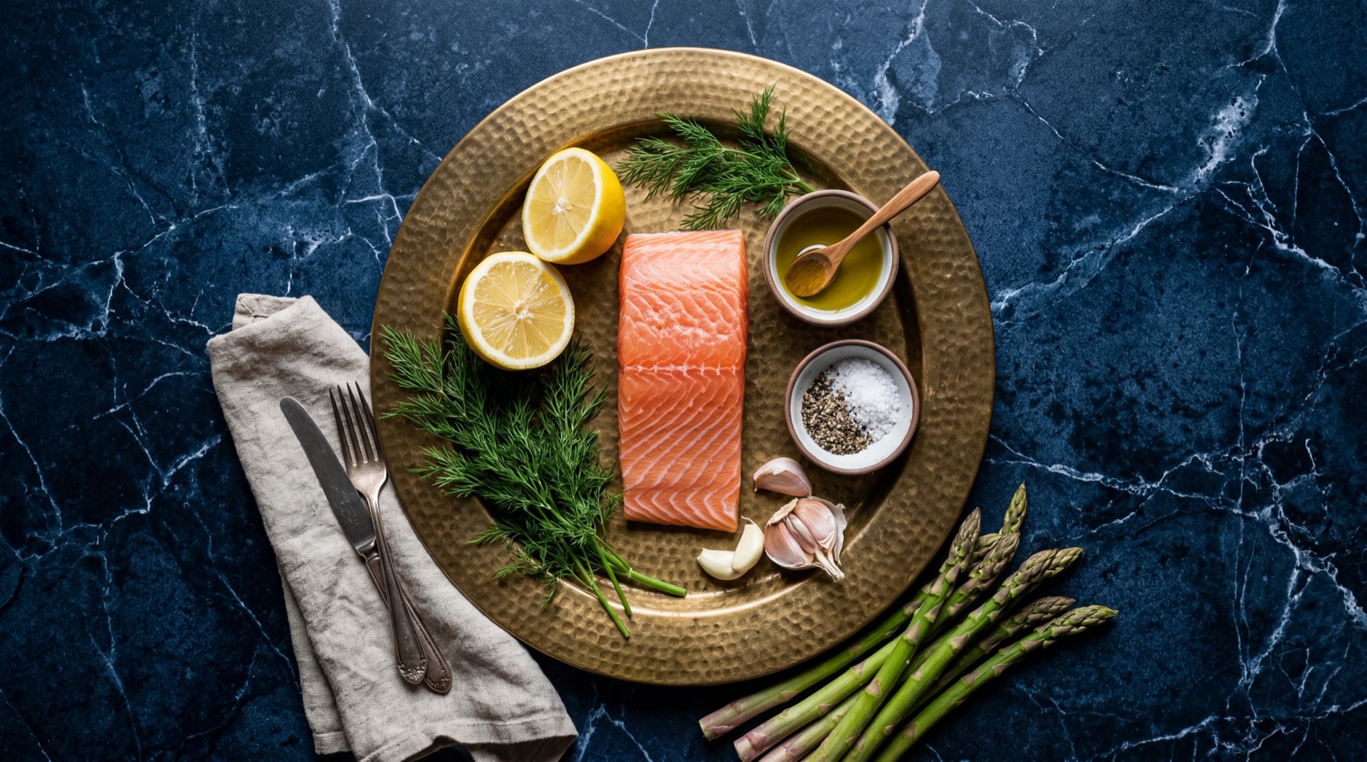 Ingredientes para salmon al horno: filetes de salmon fresco con piel, limon verde fresco cortado, dientes de ajo fresco picados, aceite de oliva extra virgen, eneldo fresco, sal marina fina, pimienta negra recien molida, calabacin verde, pimenton rojo grande y tomates cherry rojos frescos