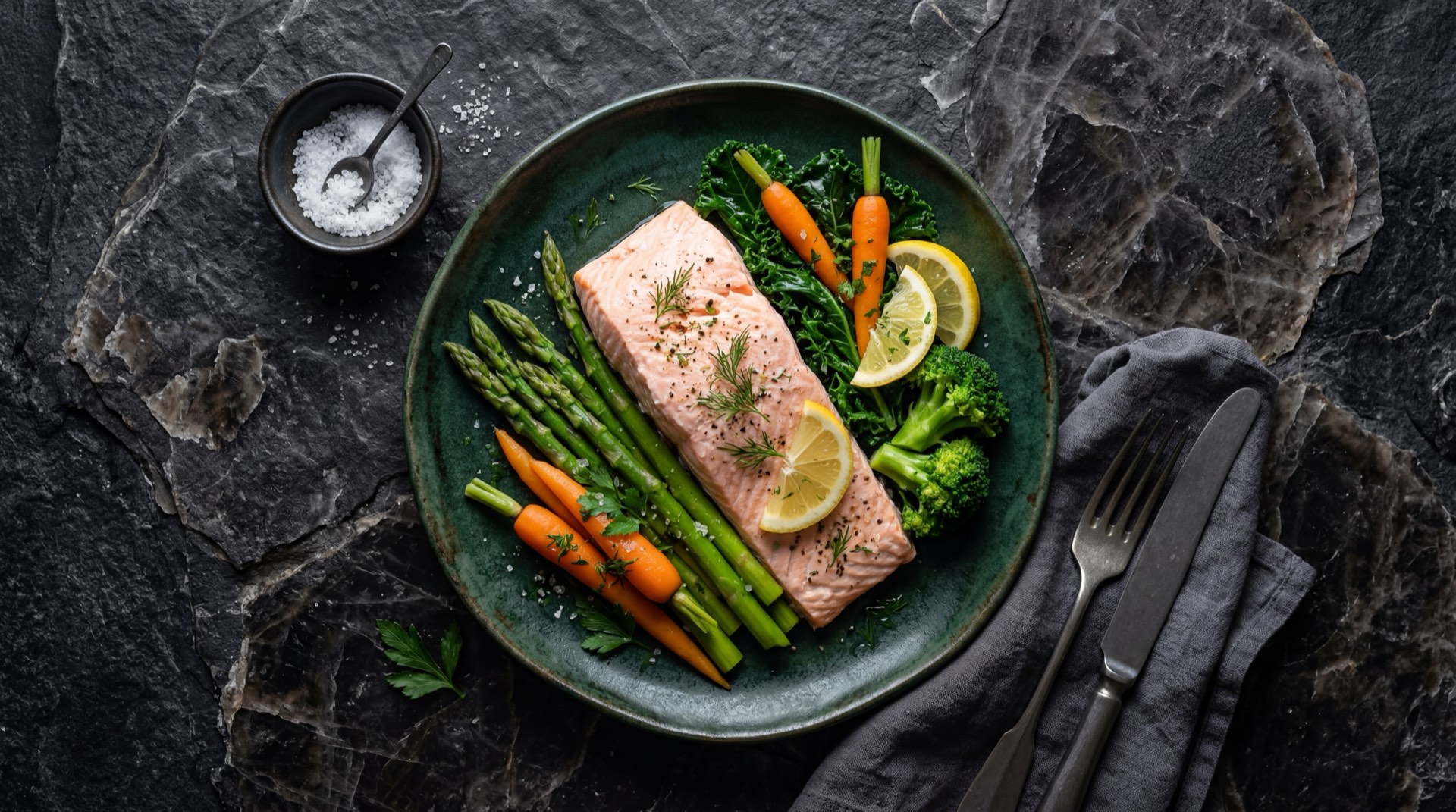 Salmon al vapor con ensalada verde fresca y limon, version baja en calorias sin aceite adicional