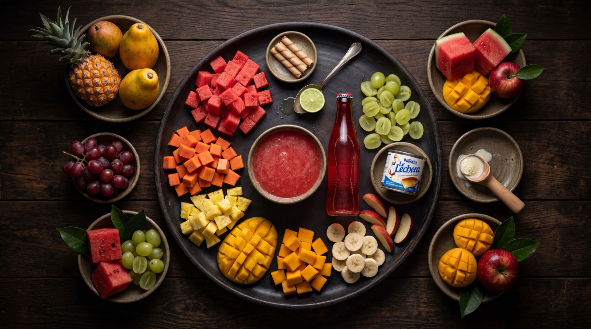 Ingredientes del salpicon colombiano: sandia roja picada, papaya madura, banano maduro, mango maduro, pina, jugo de naranja natural y gaseosa Colombiana