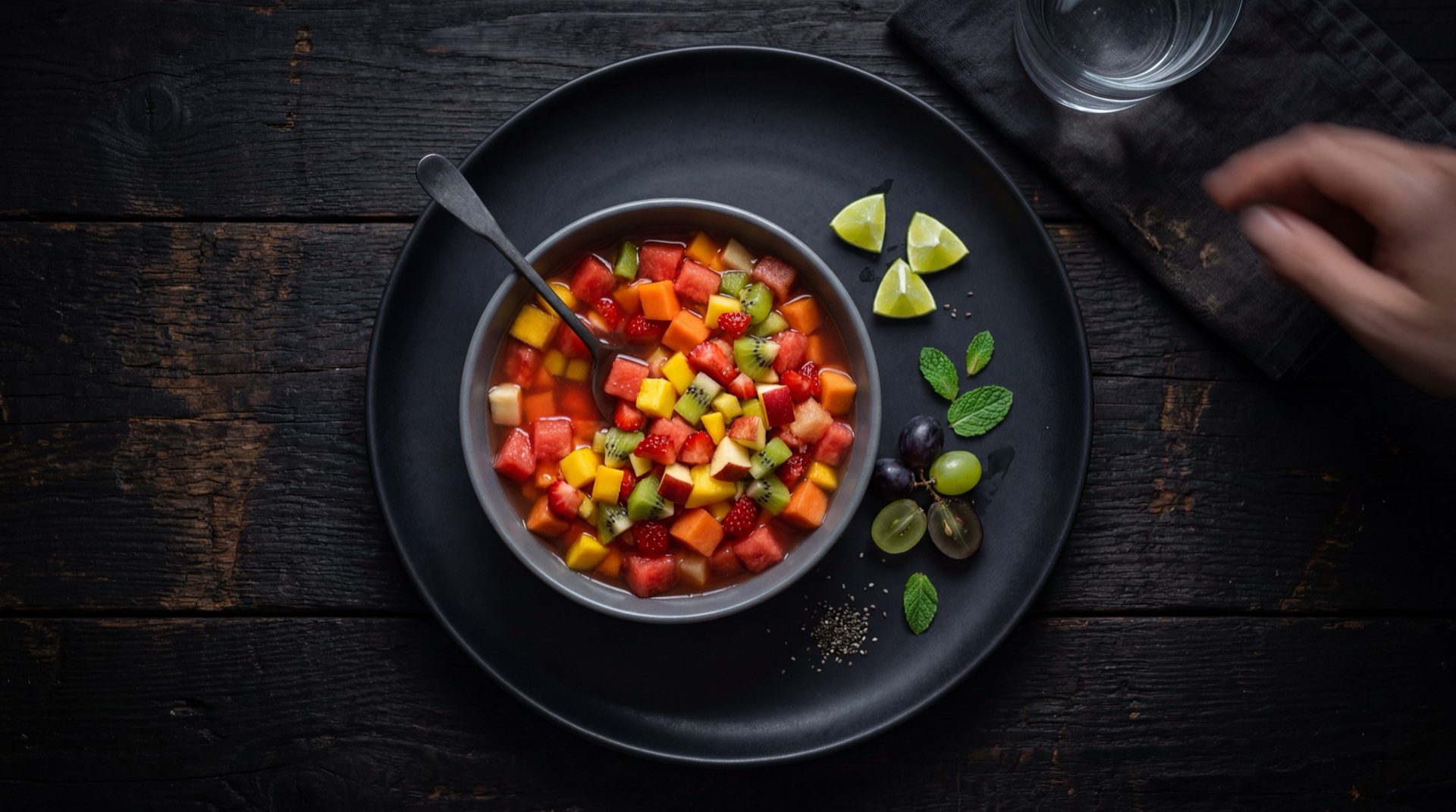 Salpicon colombiano saludable preparado con agua mineral en vez de gaseosa y sin azucar agregada