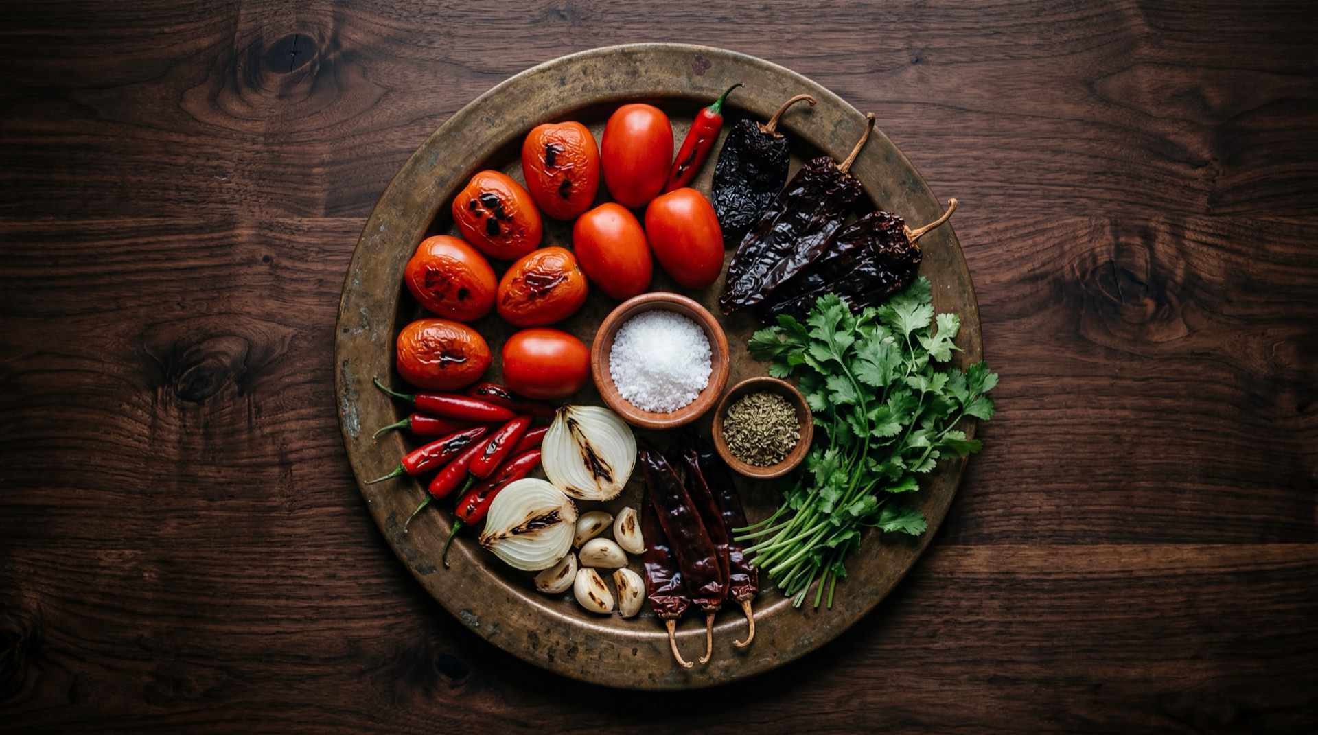 Ingredientes de la salsa roja mexicana: jitomates rojos maduros medianos, chiles de arbol secos, dientes de ajo pelados enteros, cebolla blanca entera, aceite vegetal y sal de mar