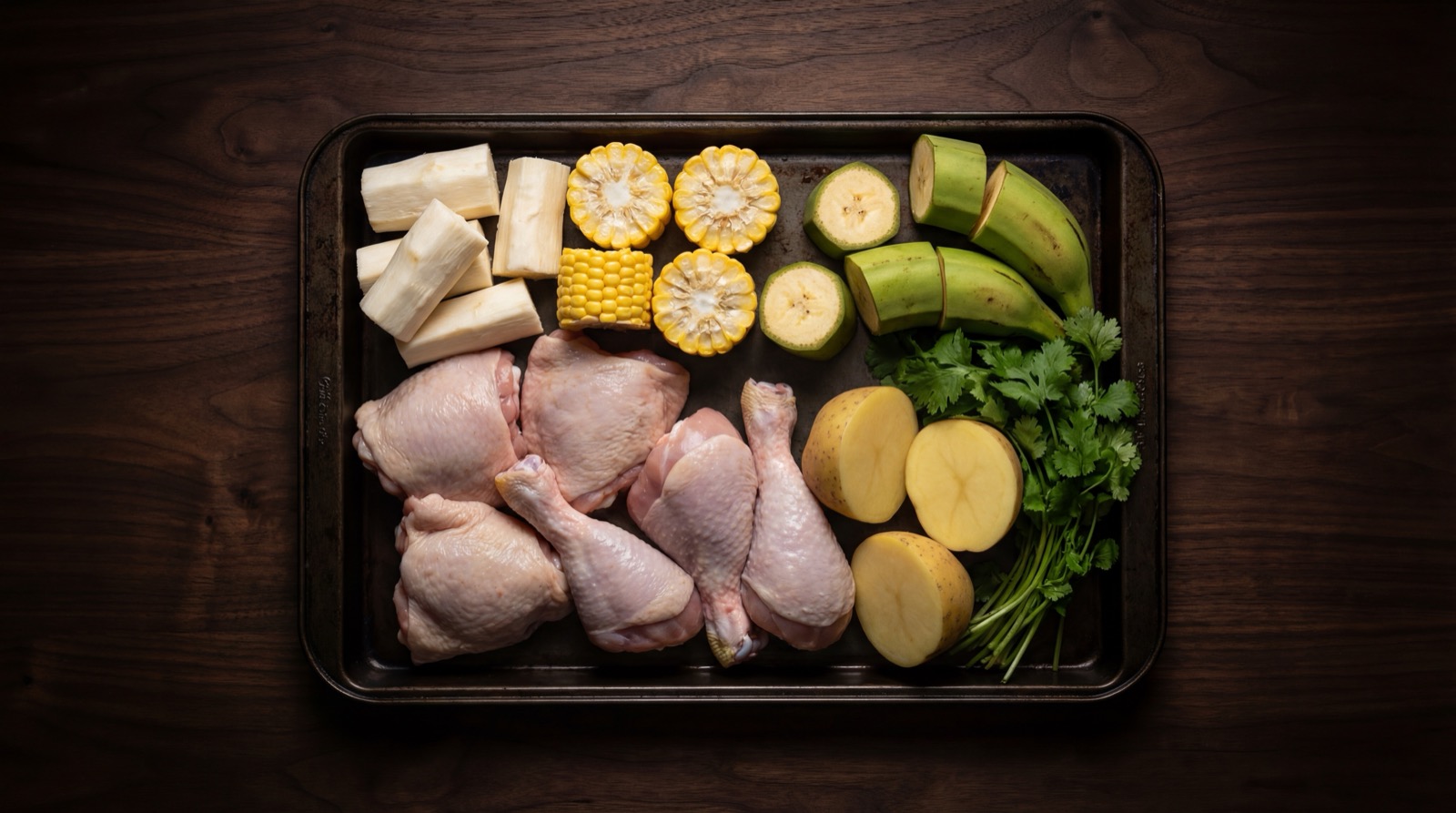 Ingredientes del sancocho: gallina, yuca, platano verde, papa, mazorca, cilantro y cebolla