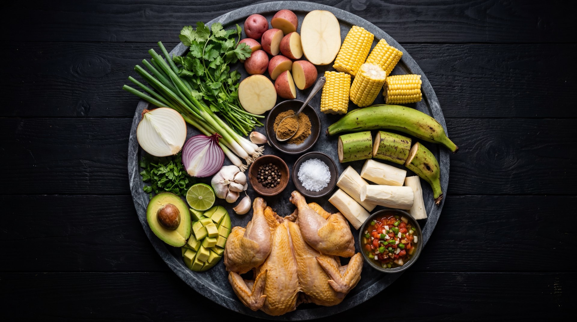 Ingredientes del sancocho de gallina: gallina criolla despresada, yuca pelada, platano verde, mazorca, papa criolla, papa pastusa, cebolla larga, ajo, cilantro fresco y comino