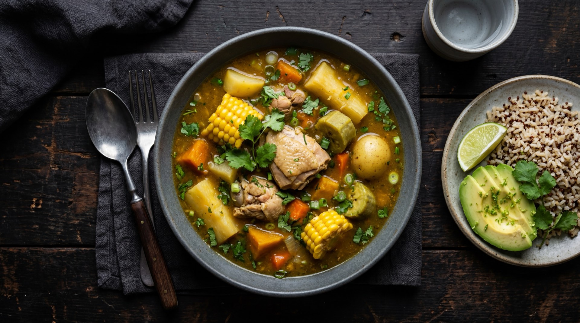 Sancocho de gallina version ligera sin piel, con mas verduras y porcion controlada de tuberculos