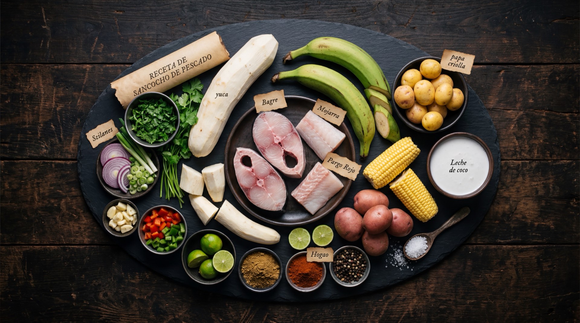 Ingredientes del sancocho de pescado: pescado fresco entero, leche de coco espesa, yuca pelada, platano verde, ñame, aji dulce, cilantro cimarron fresco y limon criollo