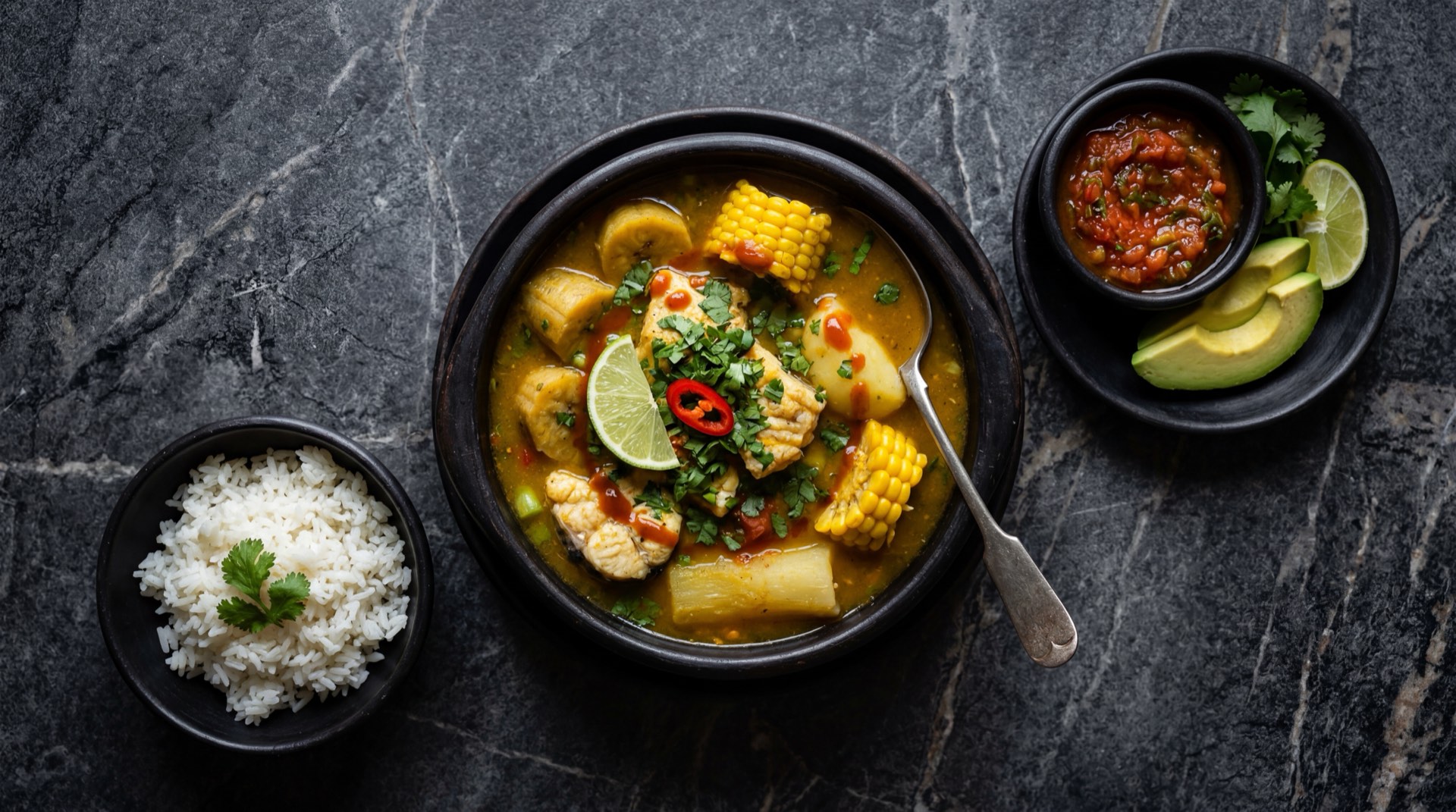 Sancocho de pescado caribeño colombiano con leche de coco, yuca, platano verde, ñame y cilantro cimarron en plato hondo